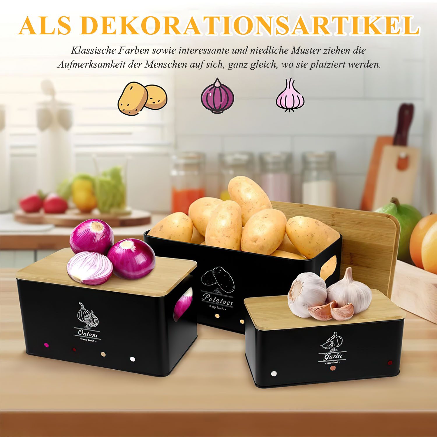 SURFOU Aufbewahrungsbox Kartoffel Aufbewahrungsbox Vorratsdose 3er Set Küche Aufbewahrung (mit Bambusdeckel), für Kartoffeln Zwiebeln & Knoblauch Hält Länger Frisch