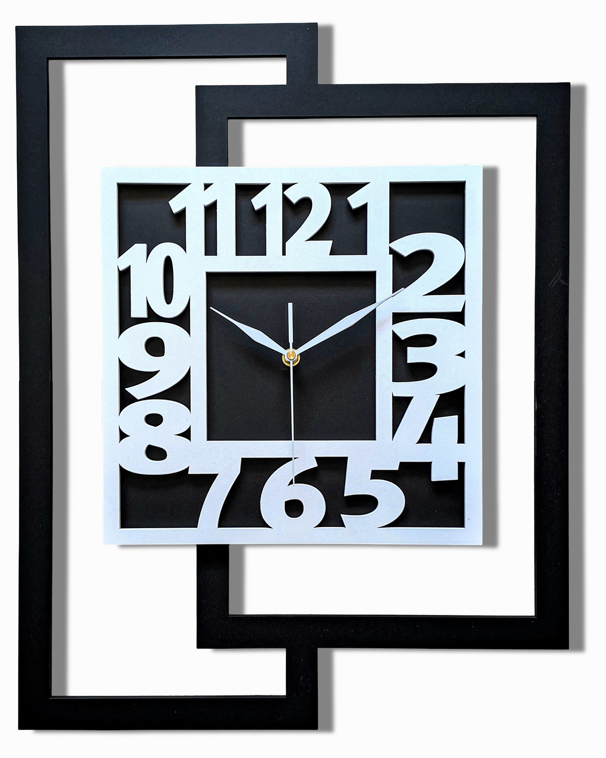 ORNAMENTI Wanduhr Große handgefertigte,moderne aus Holz, Hingucker,44 x 56 cm (Rechteckig vertikal, ohne Tickgeräusche für Wohnzimmer lesbare Ziffern)