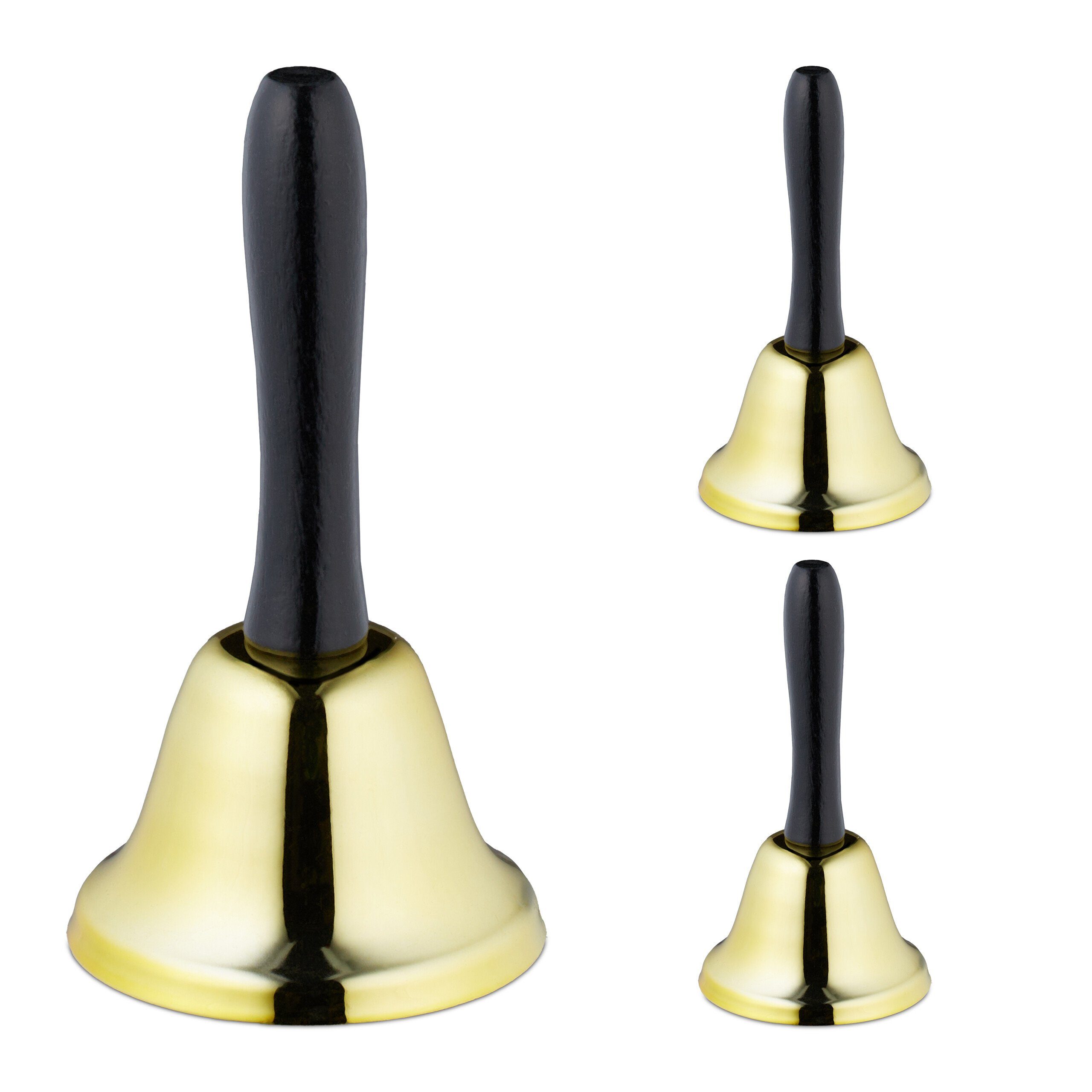 relaxdays Dekofigur Handglocke 3er Set, Gold Gold Schwarz