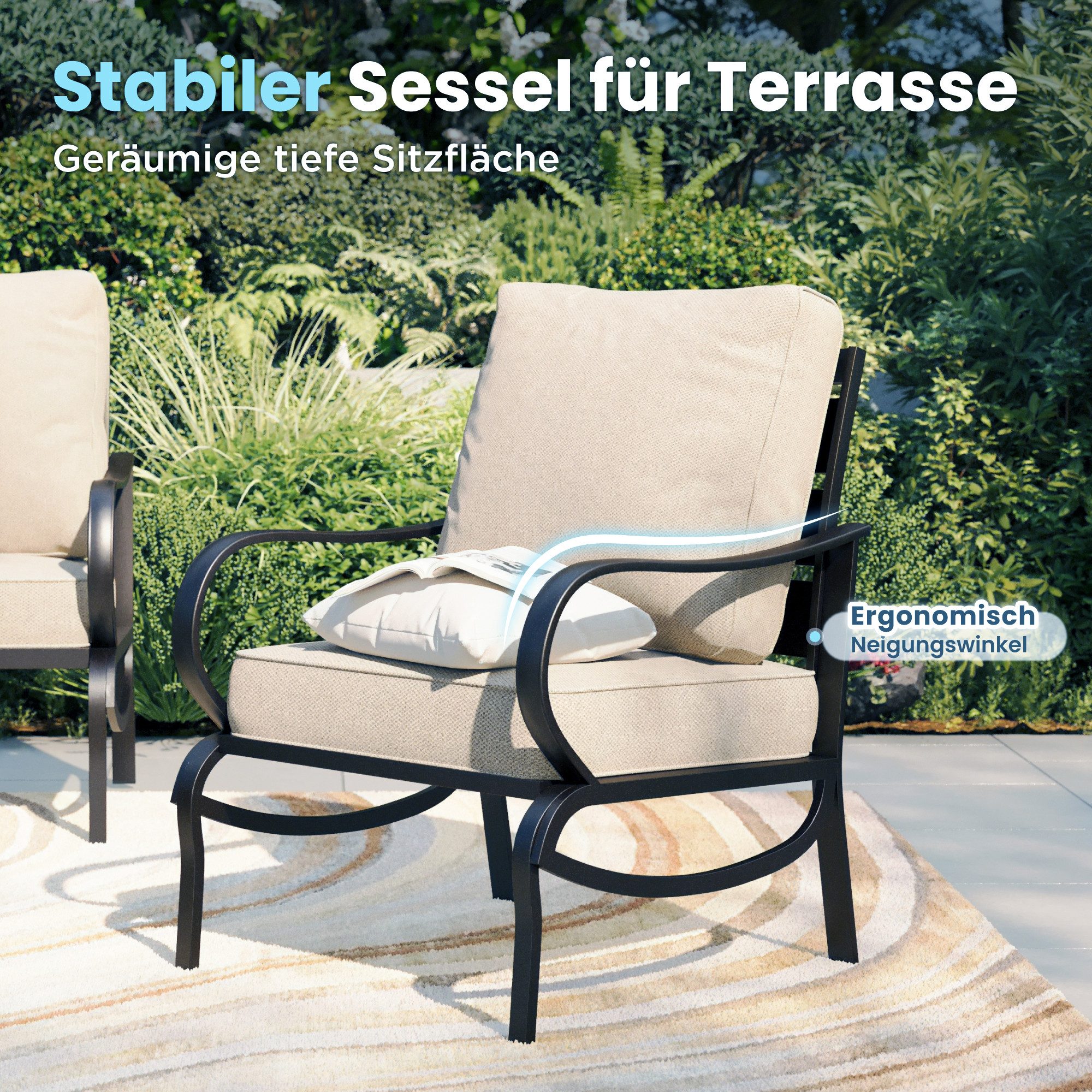 PHI VILLA Gartenlounge-Set, (Balkonmöbel Outdoor Ecksofa, Gartenmöbelsets 7-Sitzer, 5-teiliges Metall Lounge Möbel Outdoor), E-Beschichtung Geschmiedeter Rahmen & Dicke Kissen, Beige