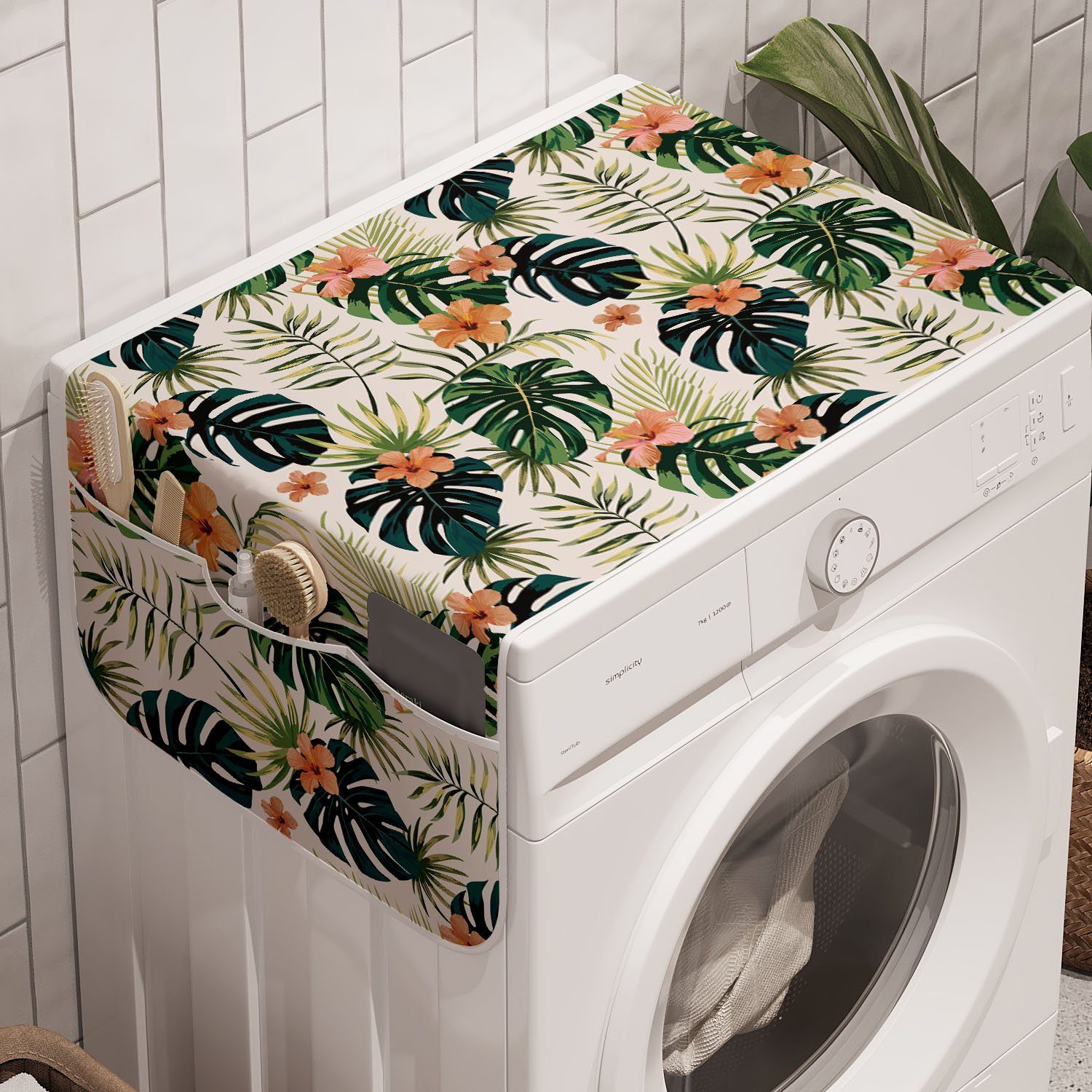 Badorganizer Hibiskus für Tropische Abakuhaus und Trockner, Monstera Waschmaschine Anti-Rutsch-Stoffabdeckung Blumen