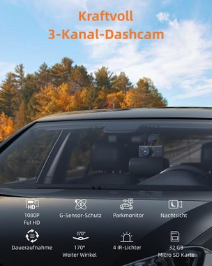 iZEEKER 3-Kanal Dashcam (Full HD, 1080P, 3-Kamera, G-Sensoren, Mit 32GB SD-Karte)