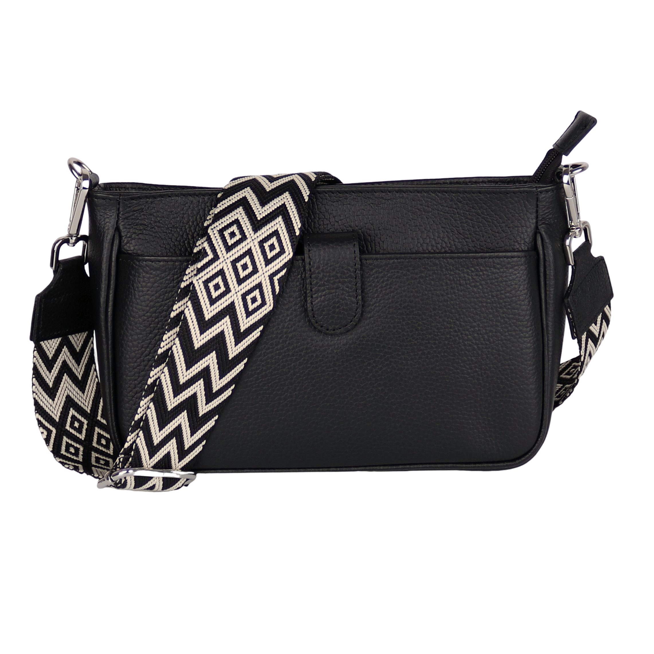 MIRROSI Umhängetasche Damen, Echtleder, Leder, Made in Italy, Mittelgroß 2 in 1 (Schultertasche für jeden Anlass (1 Tasche mit 1 oder 2 Gurte), ca.26x16x8cm), Crossbody Bag, Schwarz, gemusterten& verstellbaren Schulterriemen