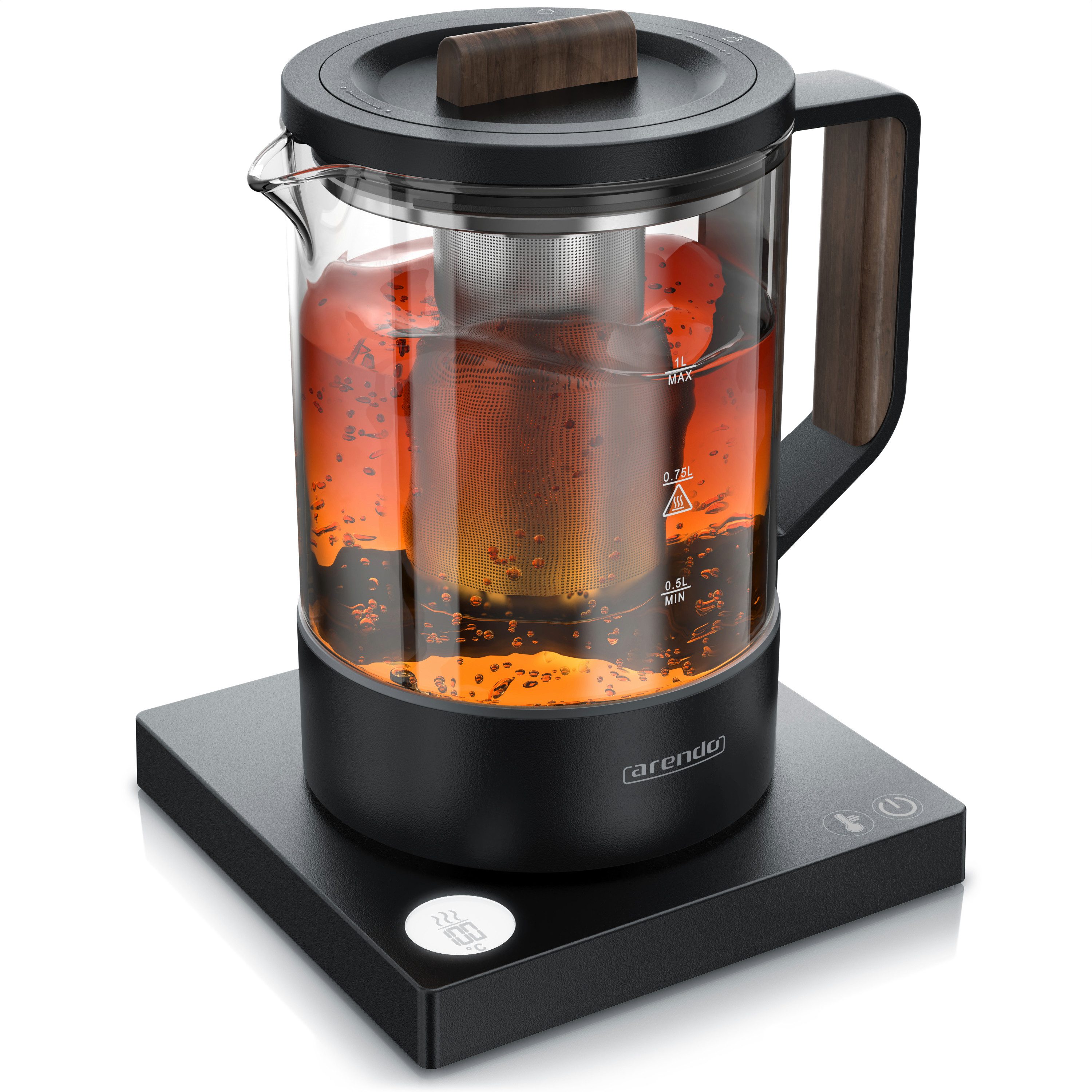 Arendo Wasserkocher Glas, Edelstahl Teesieb, Temperatureinstellung 40°–100°C mit Anzeige, 1 l, 800 W, präzise Temperaturmessung, in 5‑°C‑Schritten einstellbar, BPA-frei