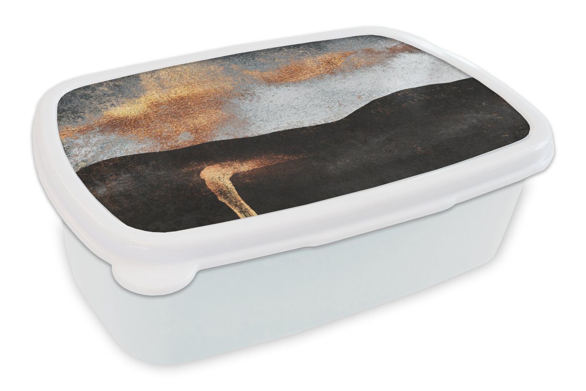 MuchoWow Lunchbox Abstrakt - Gold - Chic - Schwarz - Grau, Kunststoff, (2-tlg), Brotbox für Kinder und Erwachsene, Brotdose, für Jungs und Mädchen weiß