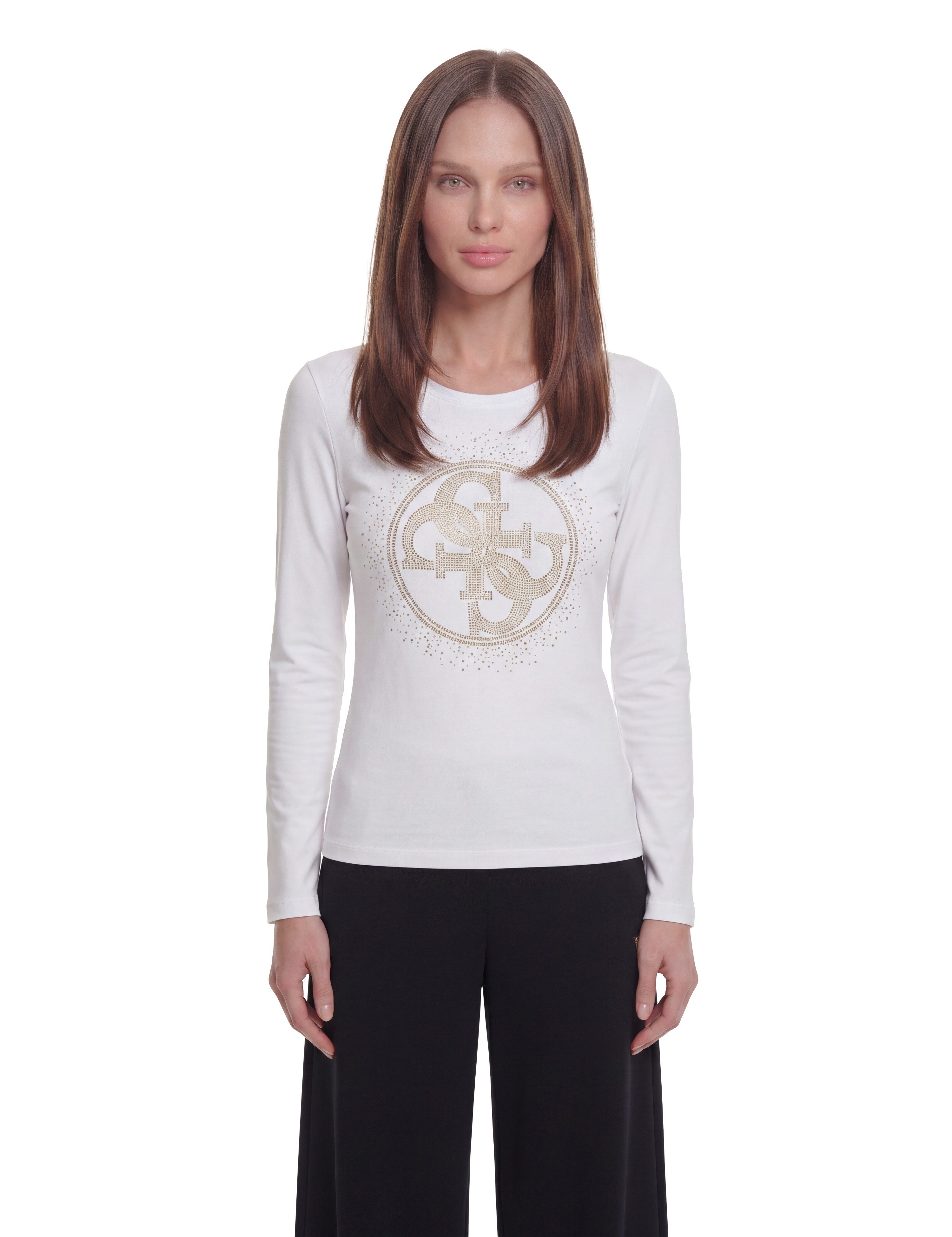 Guess Langarmshirt LS CN 4G ROUND CRYSTALS LOGO mit Nietenbesatz, Slim Fit