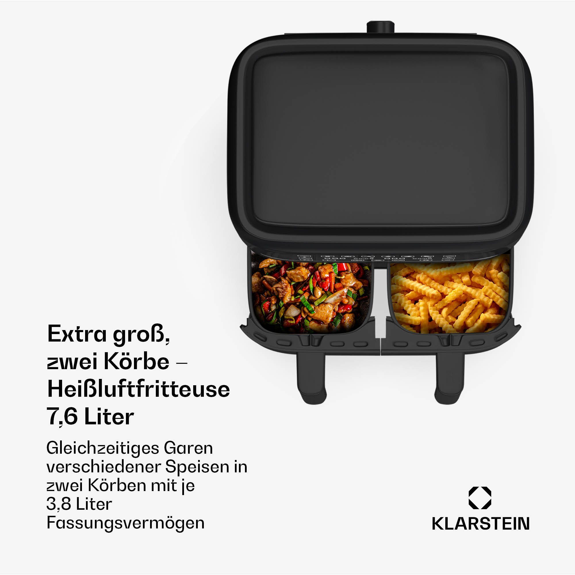 Klarstein Heißluftfritteuse, 1850 W, Doppel Heißluftfritteuse doppelkammer 7,6 L 2850W