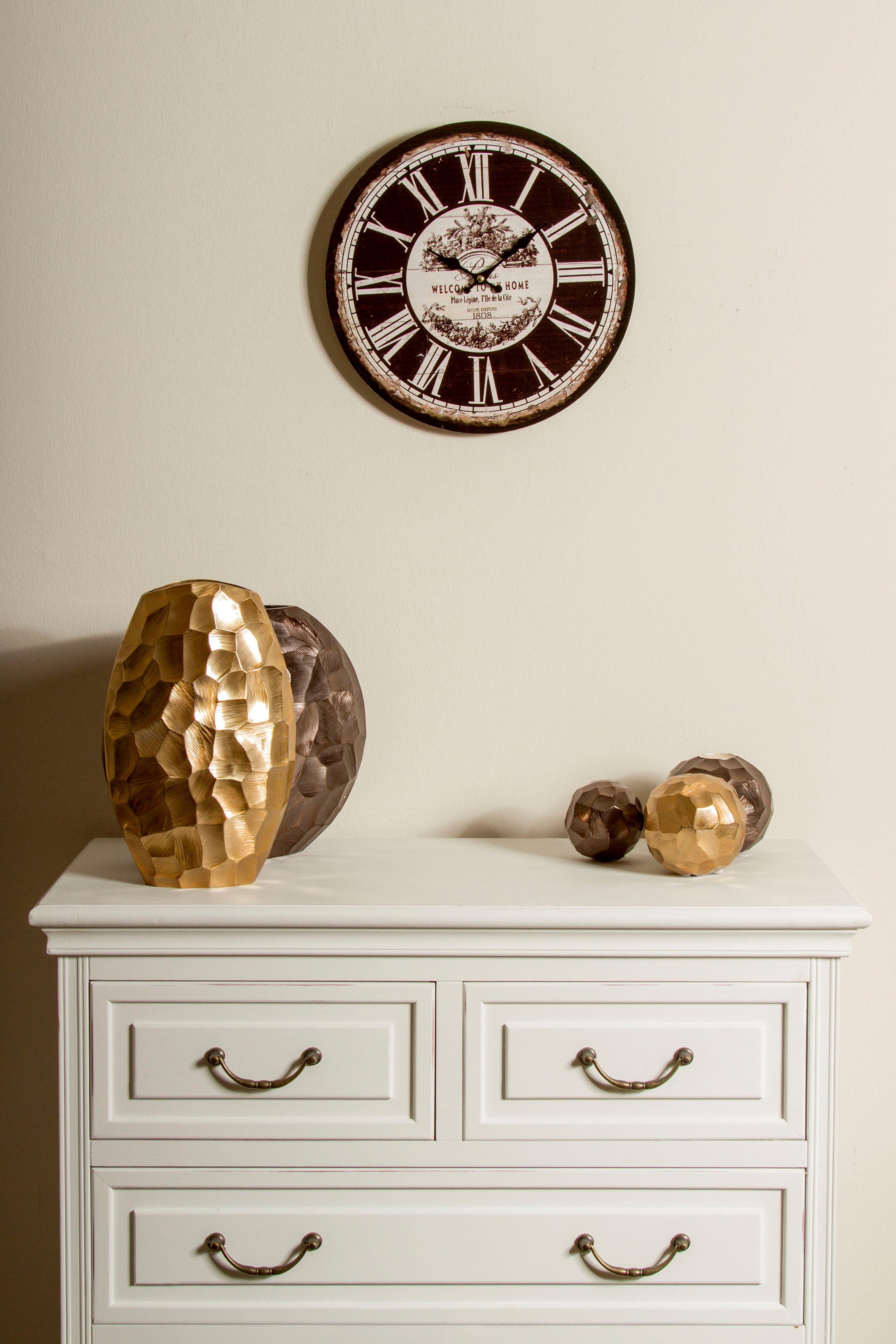 Myflair Möbel & Accessoires Wanduhr "Welcome" (rund, Ø 33,8 cm, römische Ziffern, dekorativ in Küche & Wohnzimmer)