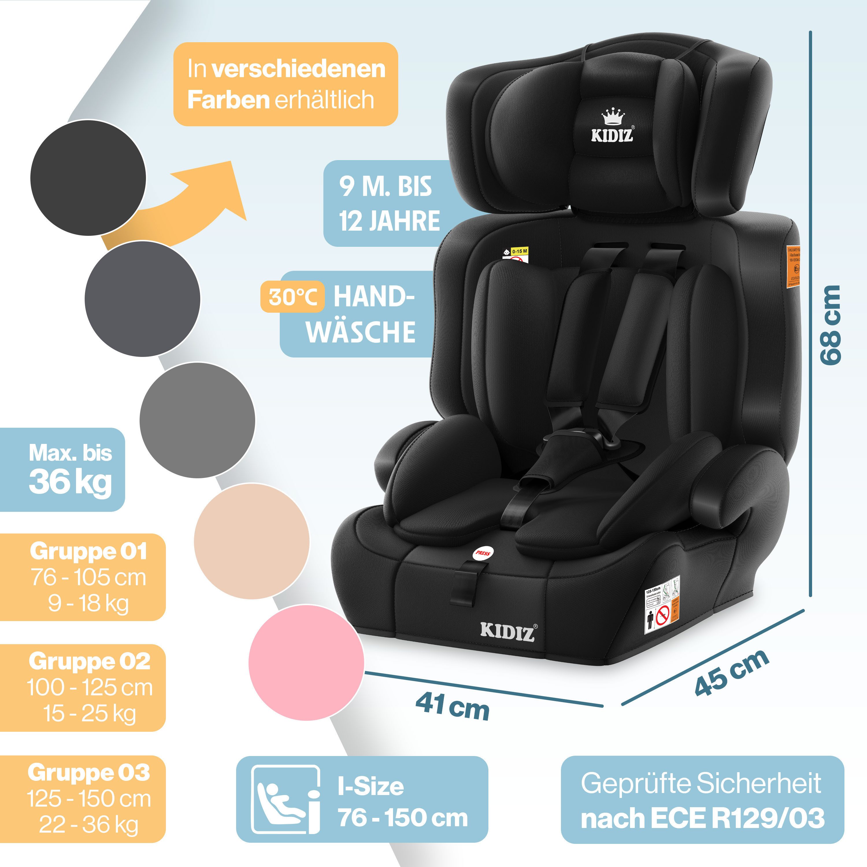 KIDIZ Autokindersitz 9-36kg Körpergewicht & 76-150cm Körpergröße, wächst mit ihrem Kind, bis: 1-12 Jahre, Geprüft & Zugelassen nach ECE R 129/03 – Bild 2 von 5