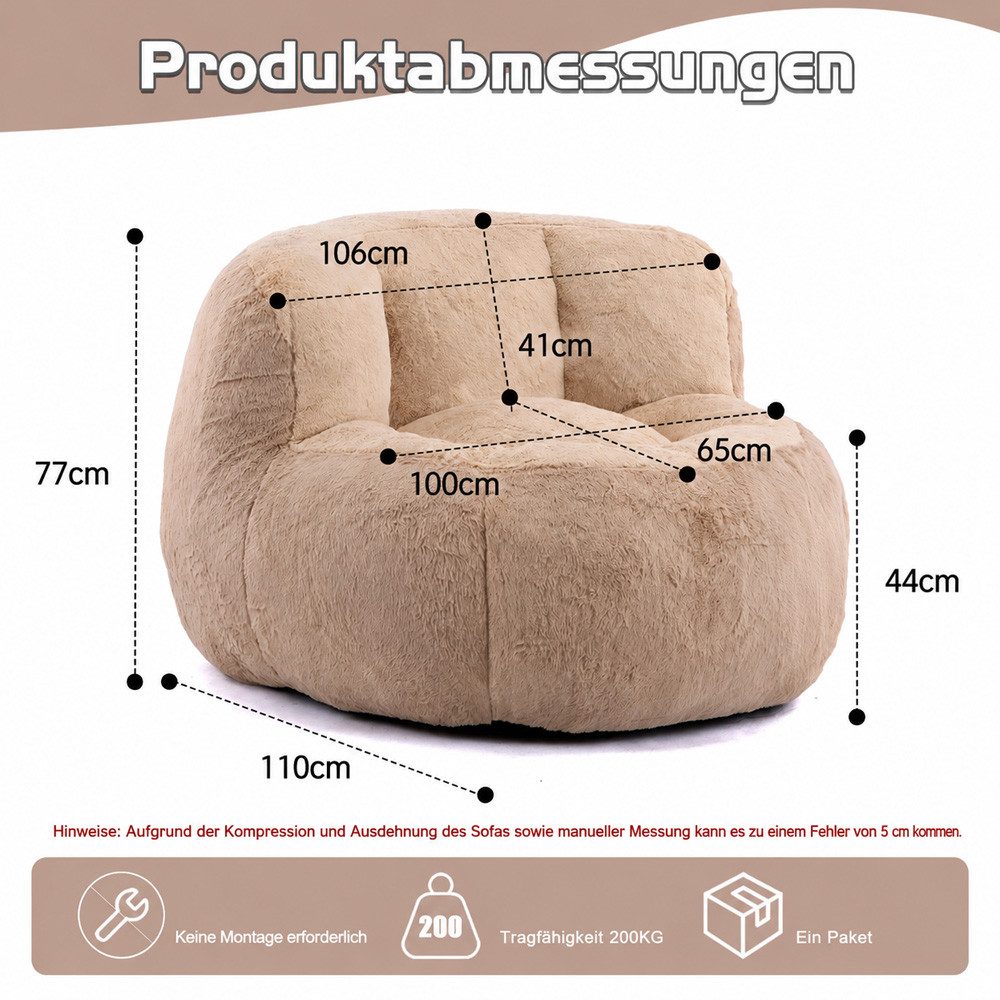 Leawin Relaxliege Sofas Wohnzimmer Bean Bag Sessel aus weichem Kunstfell, Mit Schaumstoffflocken, Tragegriff und rutschfester Unterseite