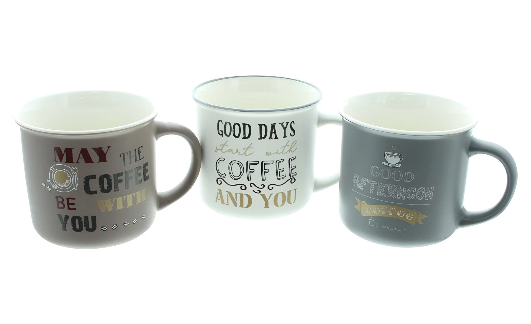 Dekoleidenschaft Tasse "Coffee" Porzellan Kaffeetassse mit Spruch, große Kaffeebecher, 350 ml, 3-tlg., Porzellan