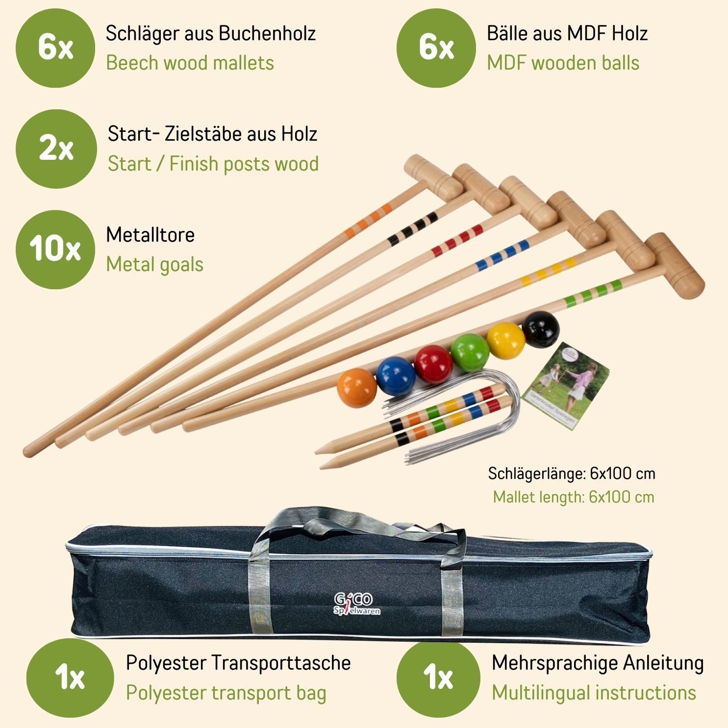 GICO Spielzeug-Gartenset GICO Krocket Set Adult 6Spieler Länge 100cm Transporttasche 3246, Schläger:6x100cm (Erwachsenenlänge)