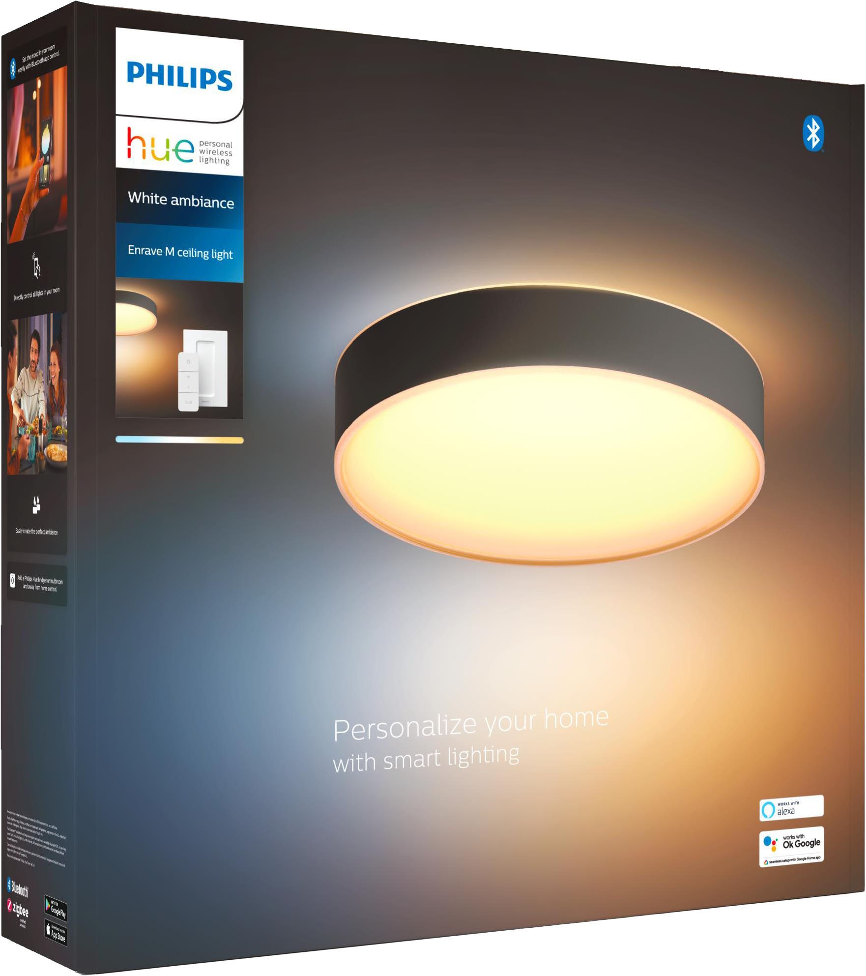 Philips Hue Smarte LED-Leuchte White Ambiance Enrave Deckenleuchte M schwarz, Abschaltautomatik, Bluetooth, CCT - über Fernbedienung, Dimmer, Dimmfunktion, Farbsteuerung, Fernbedienung, Infrarot inkl., Leuchtdauer einstellbar, Memoryfunktion, Nachtlichtfunktion, Smart Home, Timerfunktion, dimmbar über Fernbedienung, erweiterbar, mehrere Helligkeitsstufen, LED wechselbar, warmweiß - kaltweiß, inkl. Philips Hue Dimmschalter