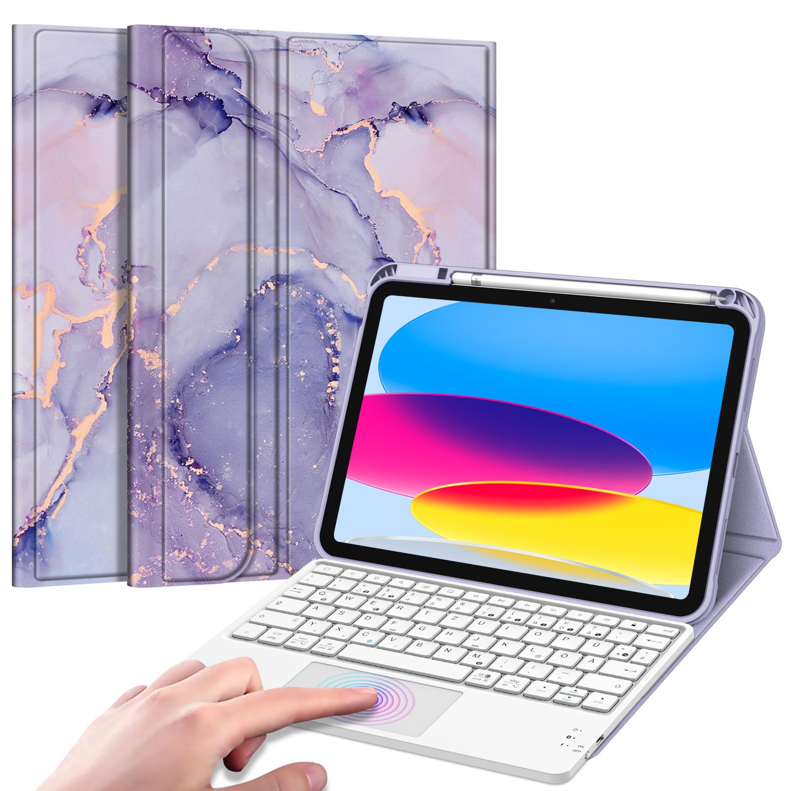 Fintie Tablet-Hülle für iPad 11. Generation 2025 11"(A16), iPad 10. Generation 2022 10.9", mit magnetischer Abnehmbarer Deutscher Touchpad Tastatur-QWERTZ Layout