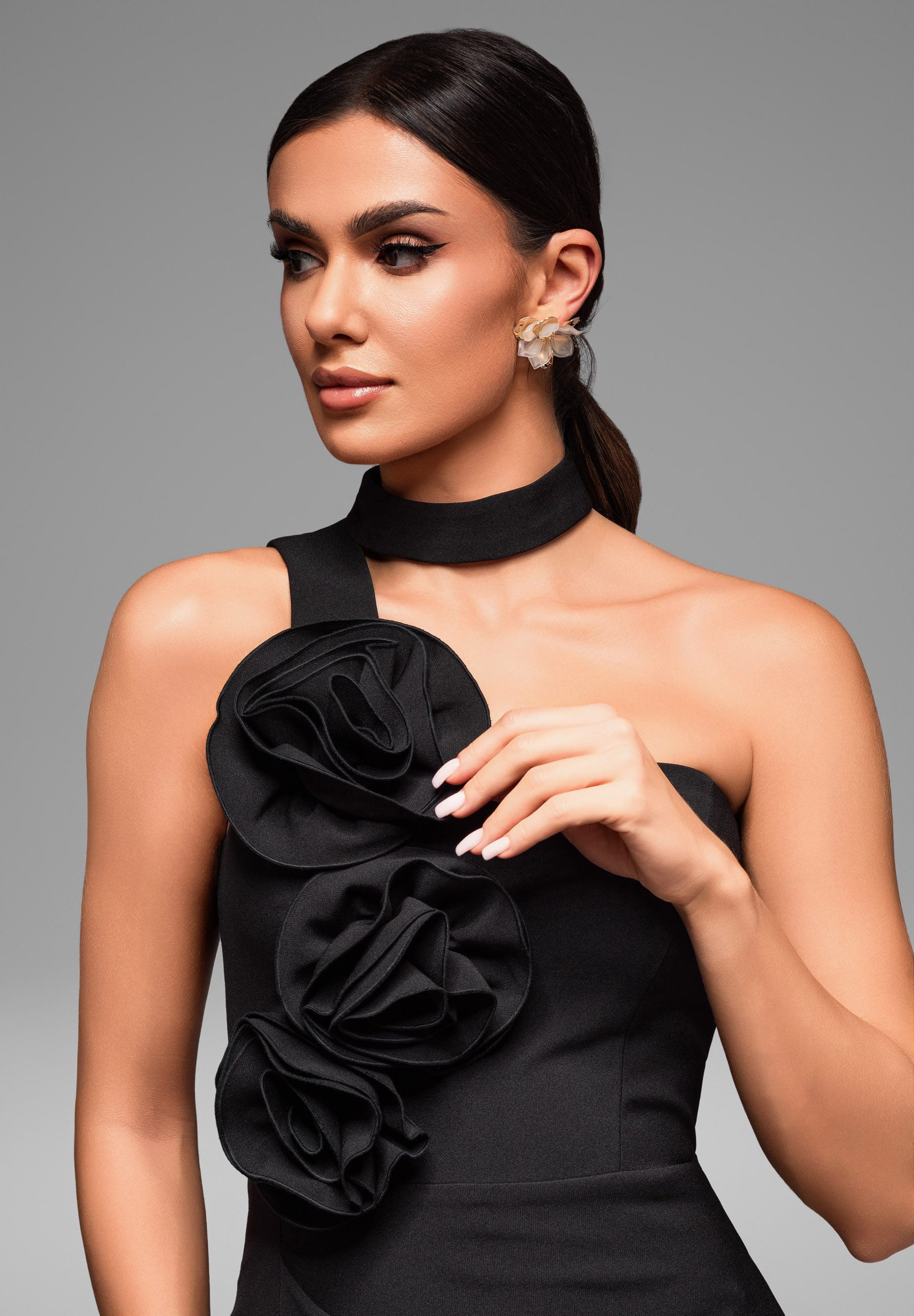 OMBRE Abendkleid Damen Abendkleid elegant mit asymmetrischem Ausschnitt Schwarz L (kein Set, 1-tlg)