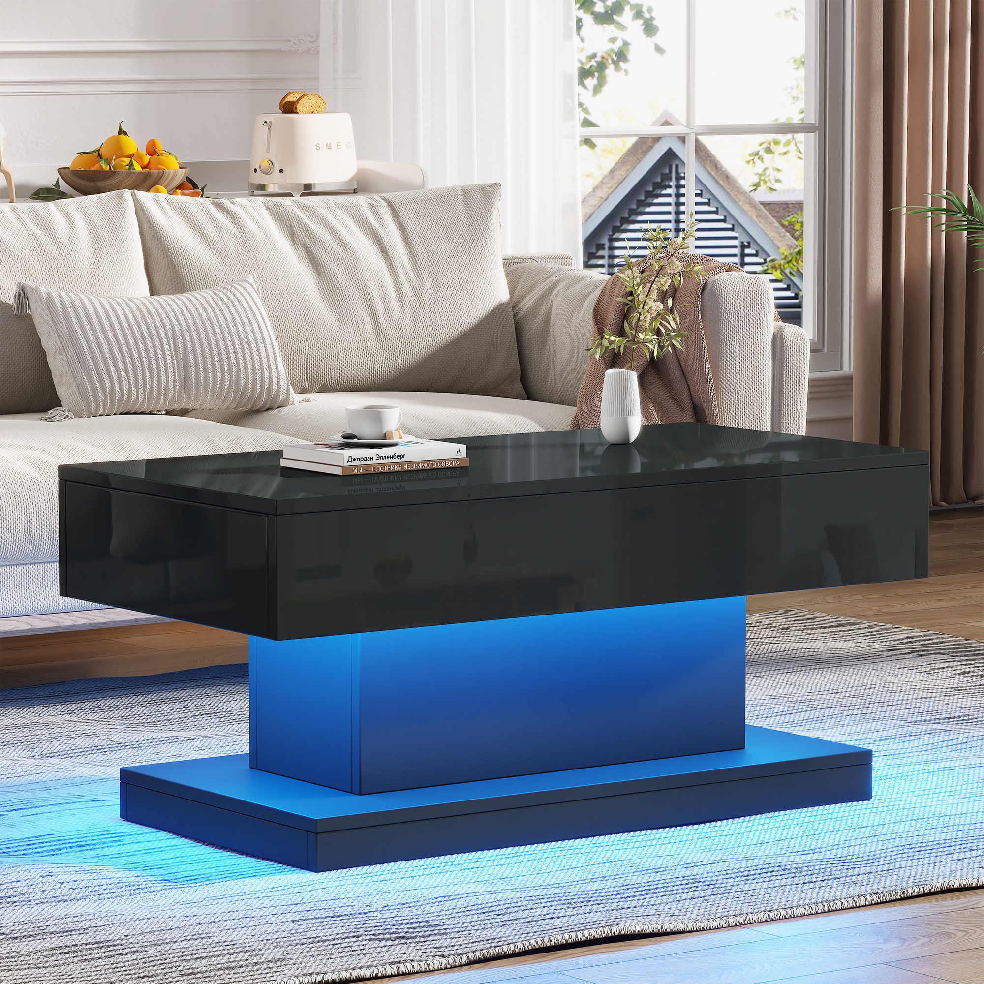 Merax Couchtisch Hochglanz Sofatisch Beistelltisch mit LED-Beleuchtung (1-St), Wohnzimmertisch mit 2 Schubladen & Stauraum, im I-Design, 100x50x45cm