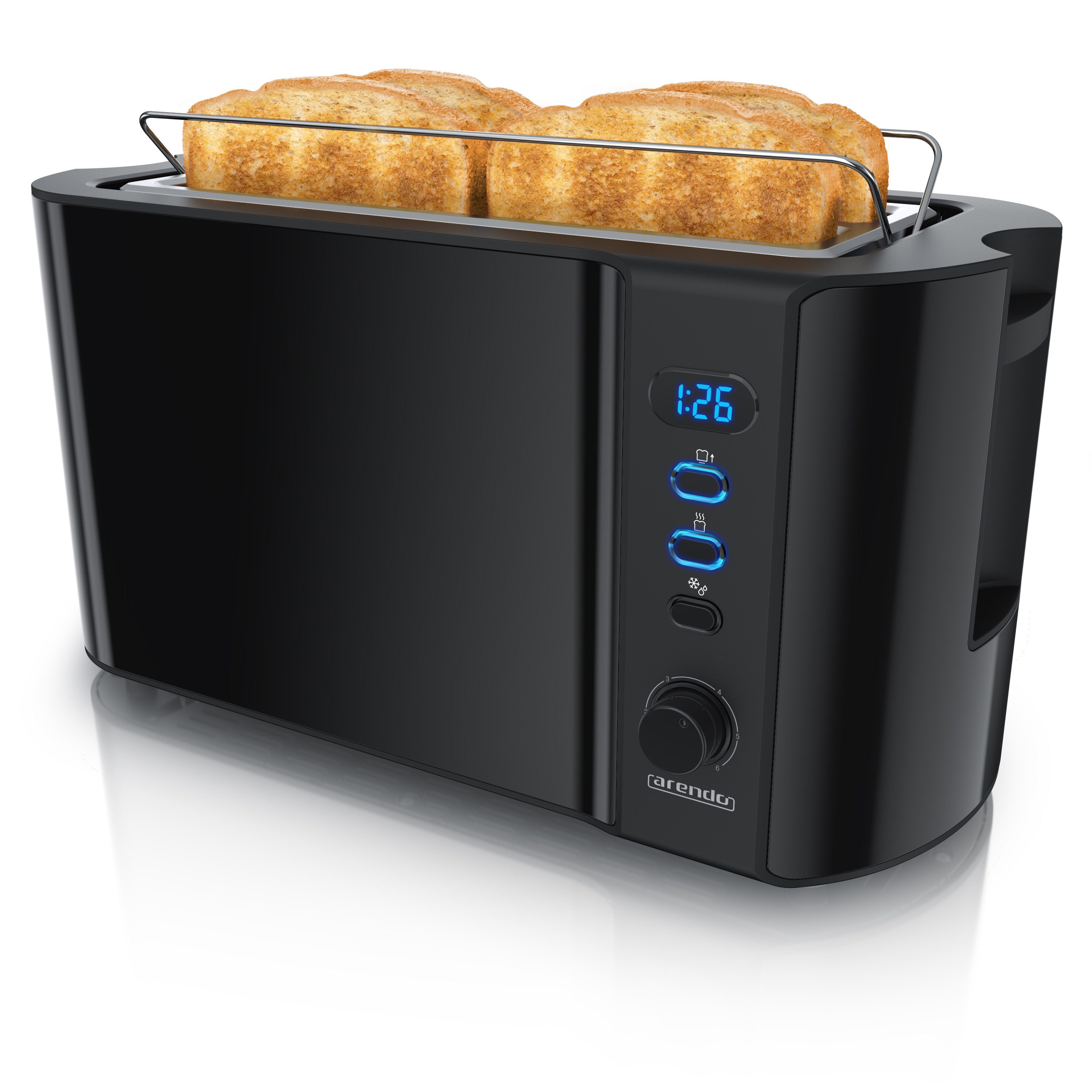 Arendo Toaster Edelstahl, Langschlitz, Display mit Restzeitanzeige, Krümelschublade, 2 lange Schlitze, für 4 Scheiben, 1500 W, Defrost Funktion, Wärmeisolierendes Gehäuse, mit Brötchenaufsatz