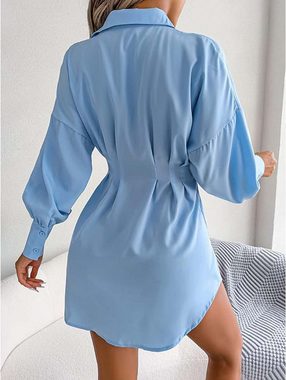 KIKI Blusenkleid Damen V Ausschnitt Mini Hemdkleid Tunika Casual Freizeitkleid