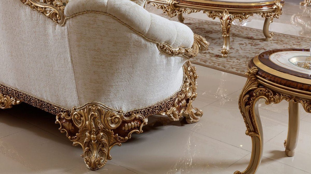 Casa Padrino Sofa Luxus Wohnzimmer Sofa Braun Prunkvoll Sofa Edel Hotel Möbel Barock - - Prunkvolles & Wohnzimmer - elegantem Gold / & / / Muster Barock Weiß Mehrfarbig mit