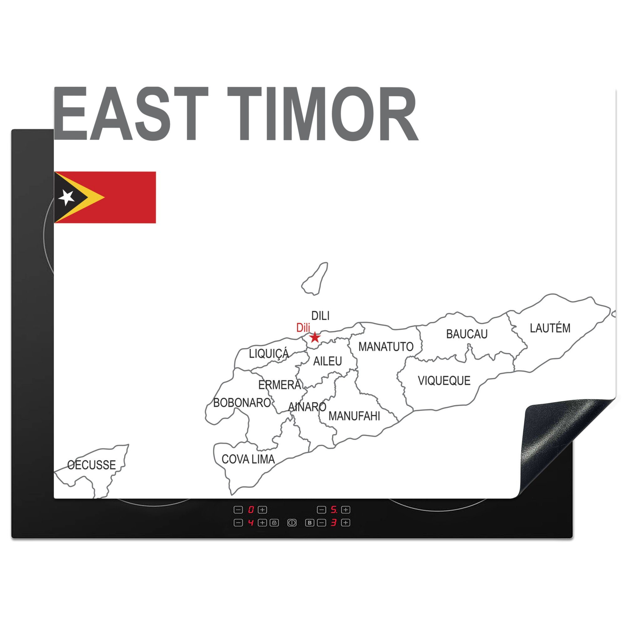 MuchoWow Herdblende-/Abdeckplatte Eine Illustration von Osttimor und seinen Provinzen, Vinyl, (1 tlg), 70x52 cm, Mobile Arbeitsfläche nutzbar, Ceranfeldabdeckung