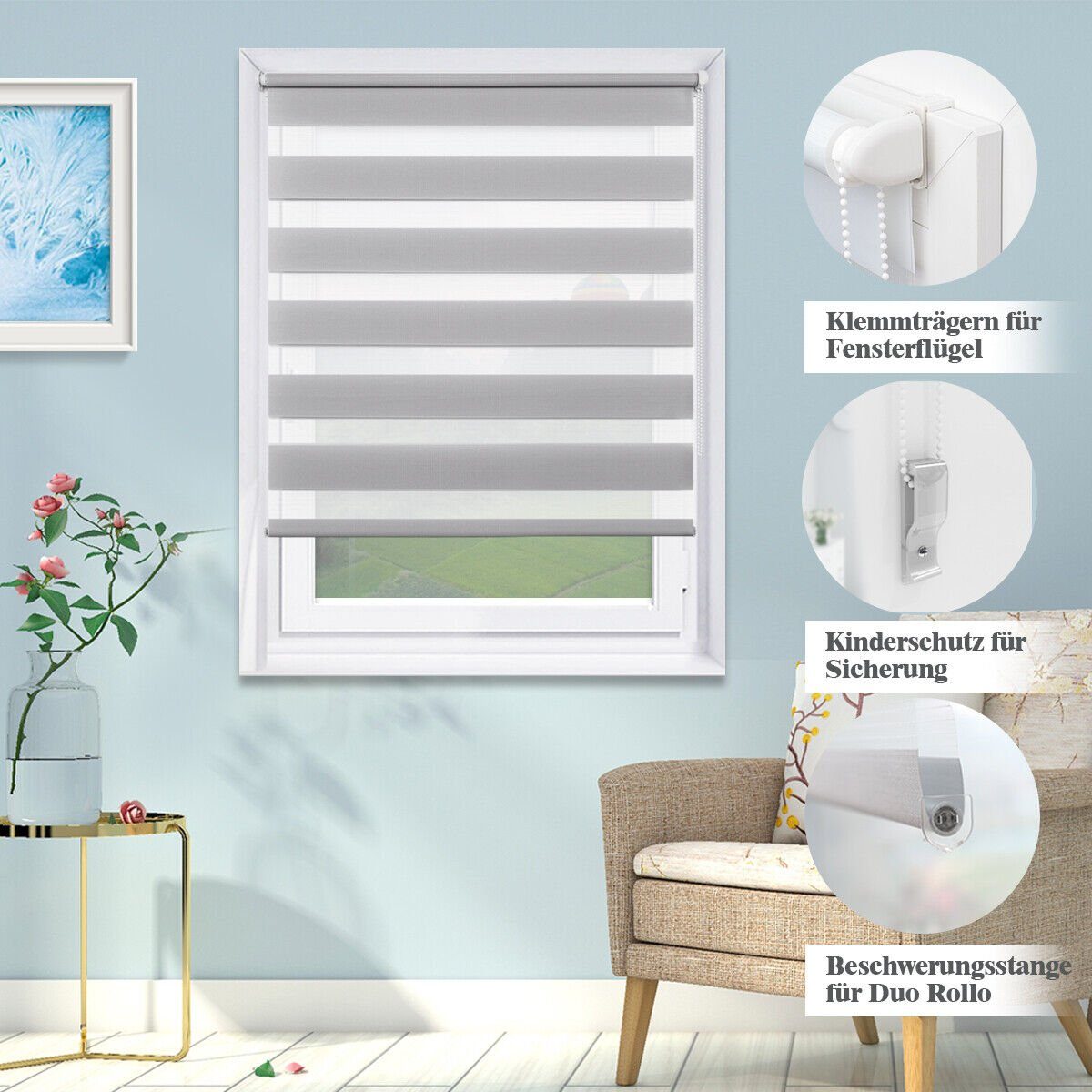 Doppelrollo ohne Bohren 130cm/150cm/230cm, OUBO, freihängend, Klemmfix, rollo für Fenster und Tür mit Klemmträger Lichtschutz und Sichtschutz – Bild 4 von 5