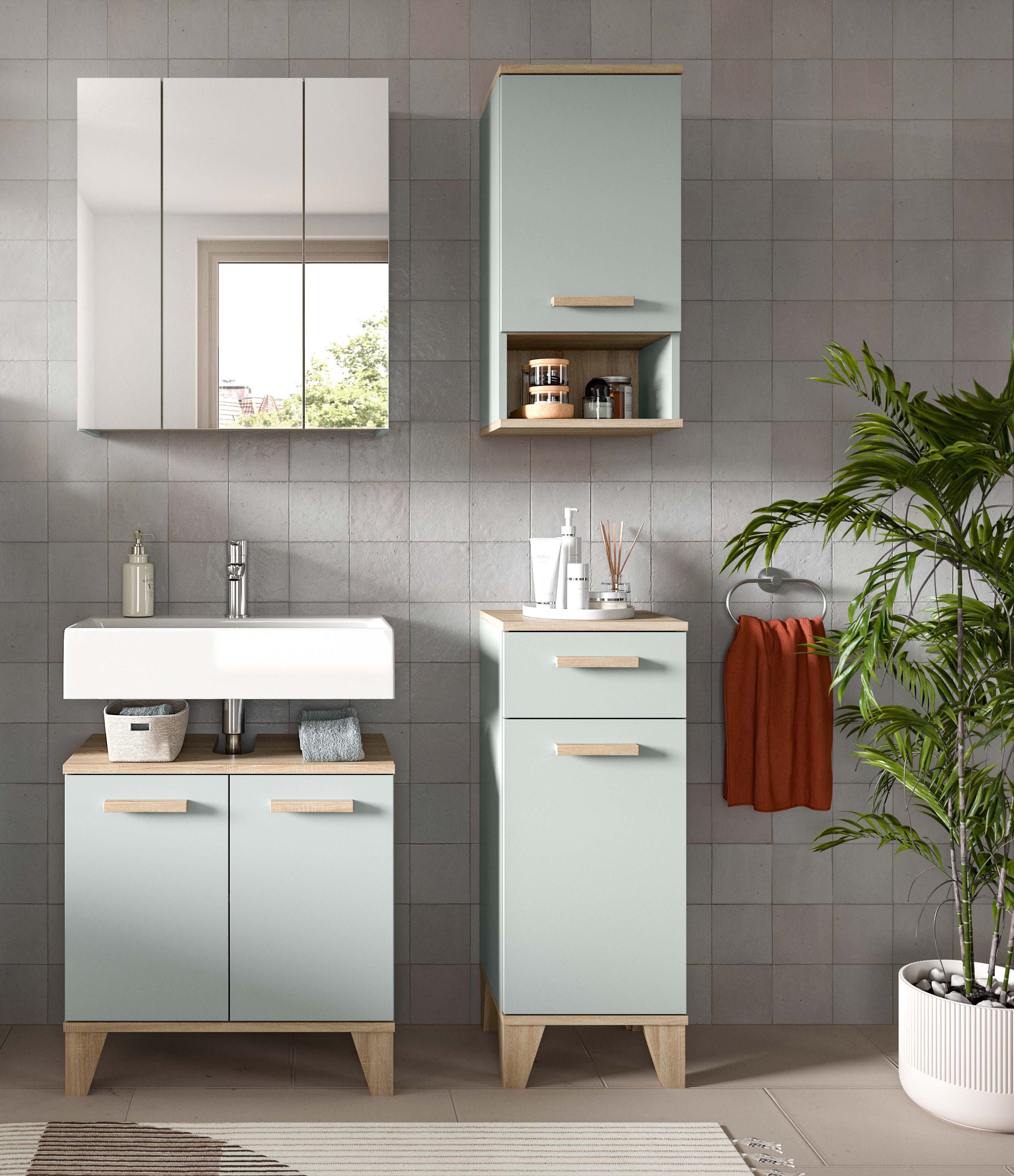 welltime Badmöbel-Set MINTTU, 4-teilige moderne Badkombination im SCANDI-Look, (4-St., bestehend aus: Midischrank, WBU, Spiegelschrank, Hängeschrank), Bad-Kombination, Bad-Möbel, Badezimmer, Kombination, Kombi, Bad-Set