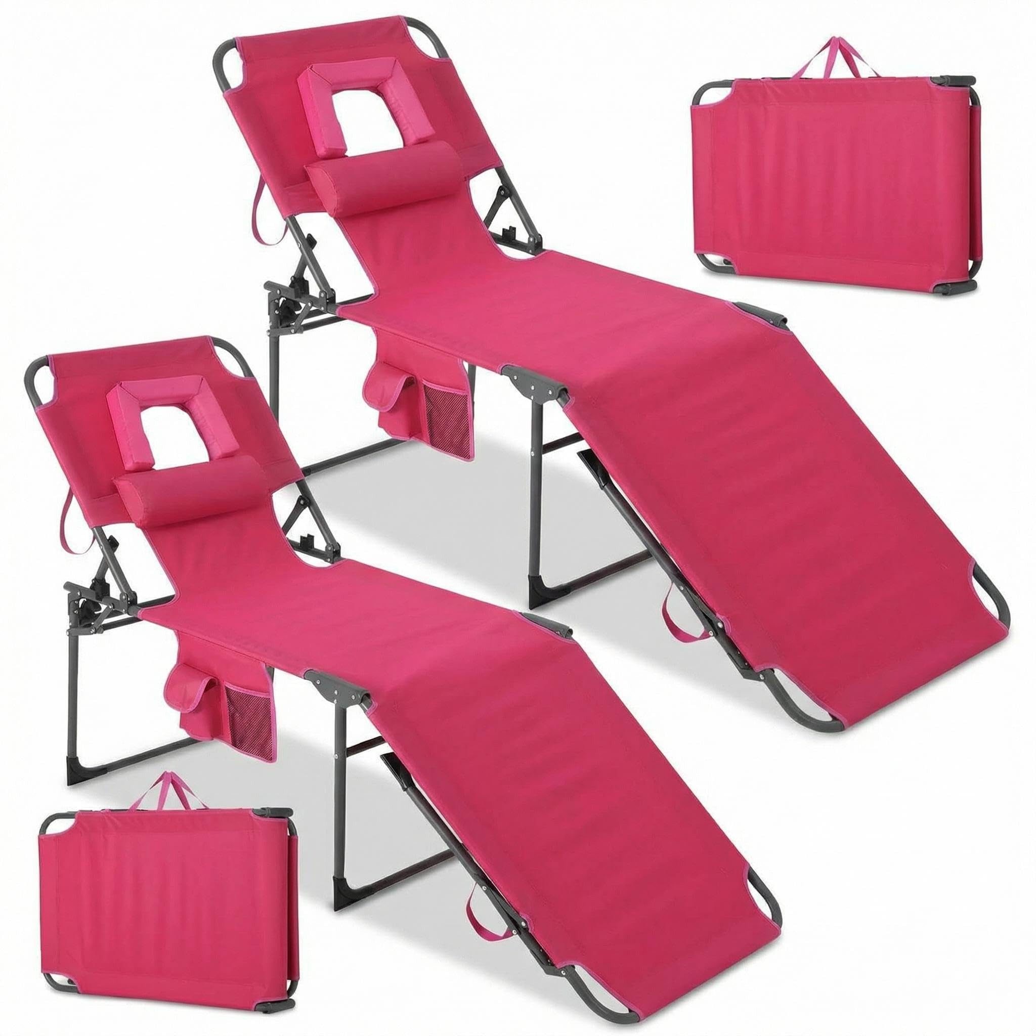 GarveeMore Gartenliege klappbare Outdoor-Liegen mit Gesichtsausschnitt & Seitentasche, 2 St., 5-fach verstellbarer Rückenlehne, blau/Rosa/Rot, ca. 201 × 59 cm