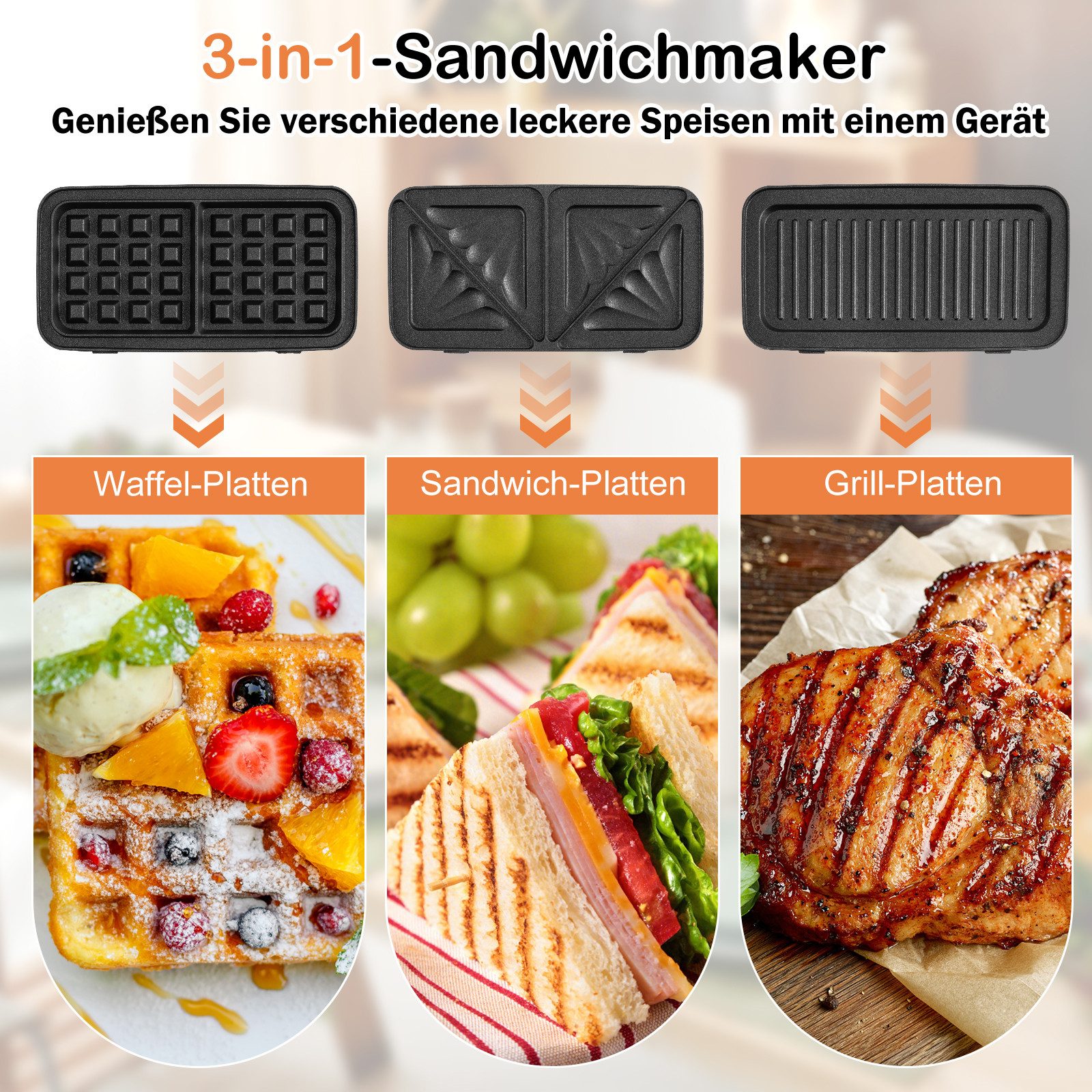 KOMFOTTEU 3-in-1-Sandwichmaker, 1200 W, mit 6 abnehmbare Platten, 5-Gang Temperaturregelung