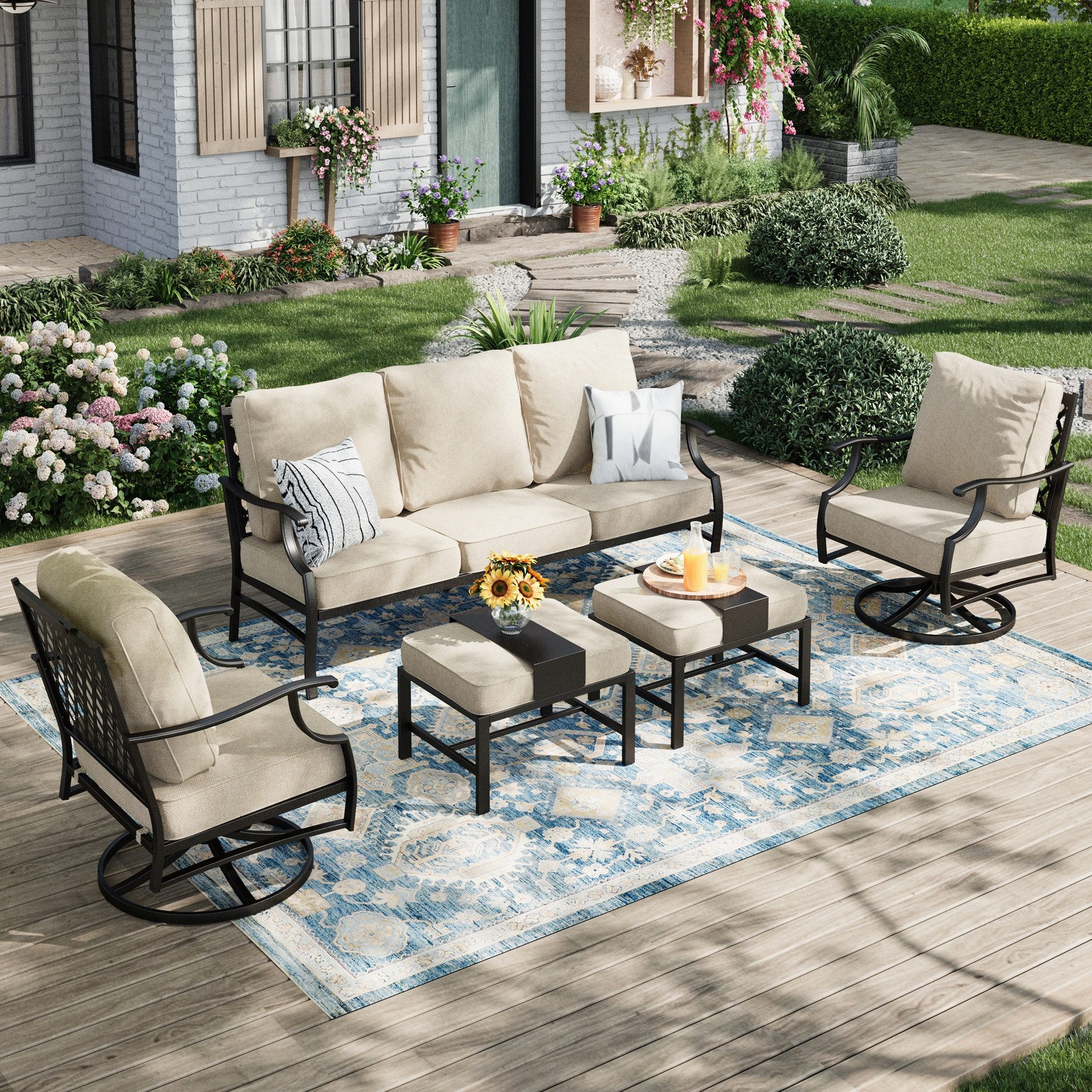 PHI VILLA Gartenlounge-Set, (Balkonmöbel Outdoor Ecksofa, Gartenmöbelsets 7-Sitzer, 5-teiliges Metall Lounge Möbel Outdoor), E-Beschichtung Geschmiedeter Rahmen & Dicke Kissen, Beige