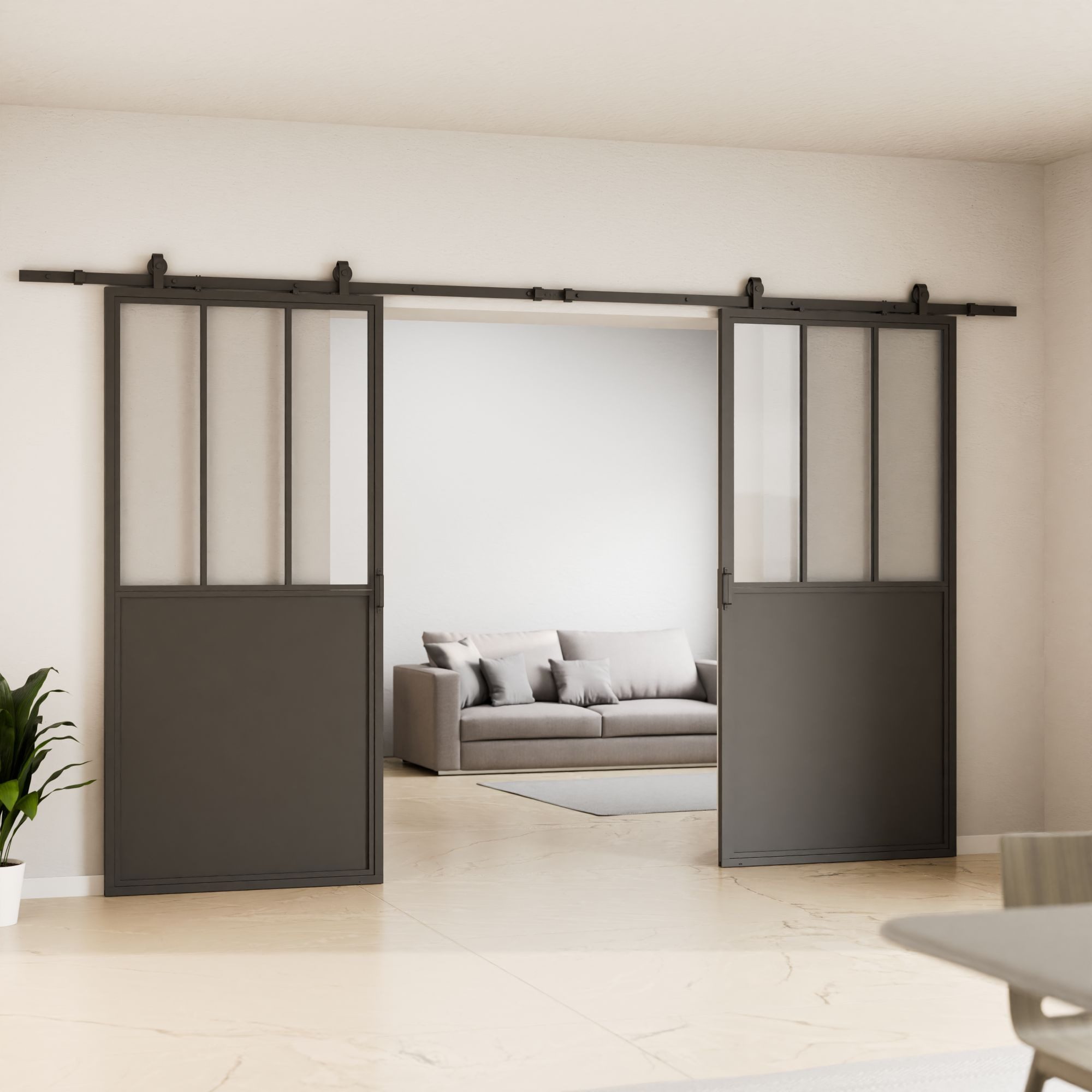 inova wohnen Doppelschiebetür Stahltür Schwarz mit Klarglas Einsatz, Größenauswahl (Komplett Set, inkl. offener Laufschiene und Bügelgriff), beidseitiger Softclose, Loftstyle