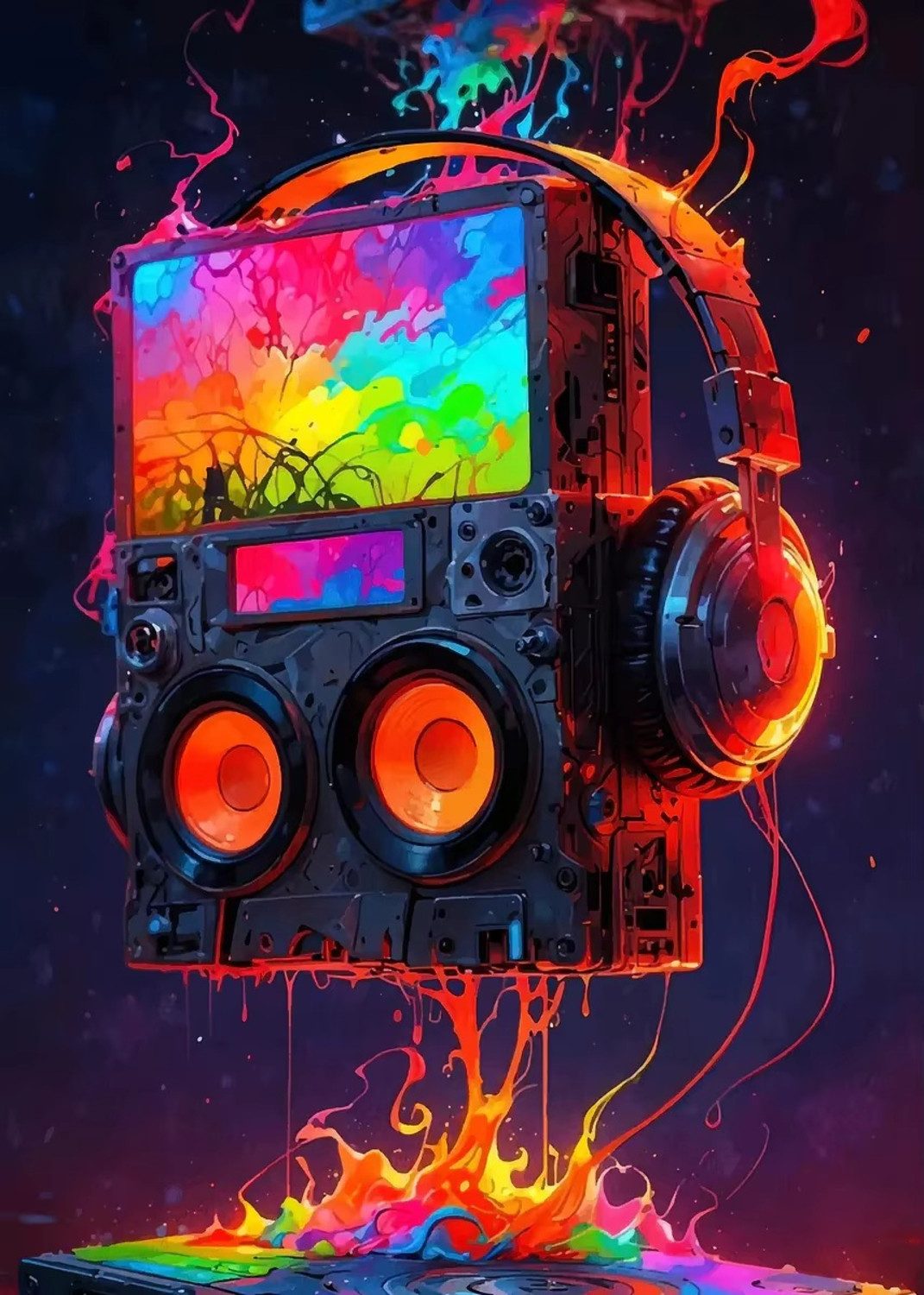 TPFLiving Kunstdruck OHNE RAHMEN, Hot Live Musik - Neon Kopfhörer - DJ Poster - Bunte Boombox - Mikrofon Party - (Leinwandbild XXL), Farben: Farben: schwarz, lila, grün -Größe: 30x42cm