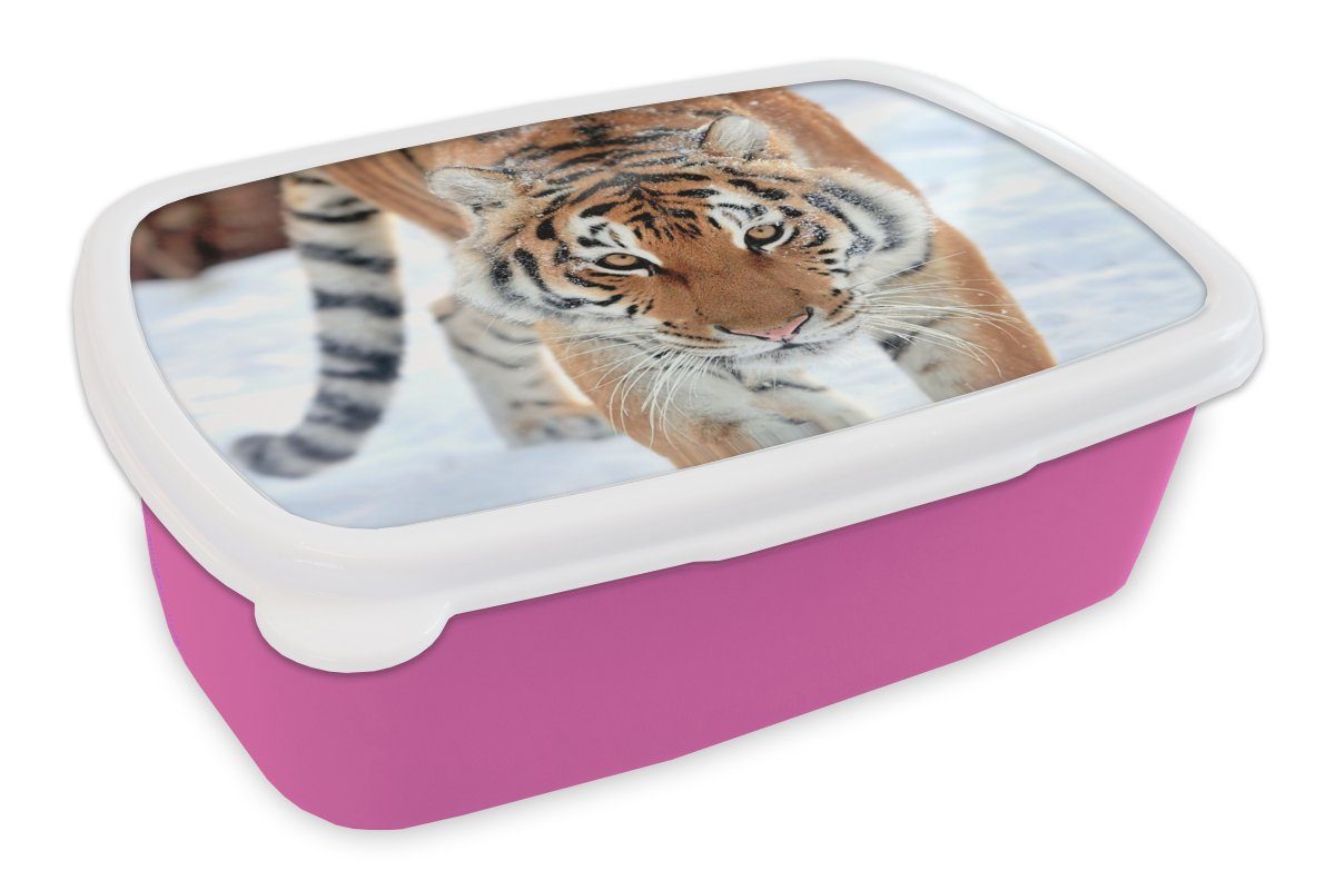 Schnee Kunststoff, - für Snackbox, Mädchen, Tiger Kunststoff Erwachsene, rosa Brotdose Lunchbox Kinder, (2-tlg), Tiere, - MuchoWow Brotbox