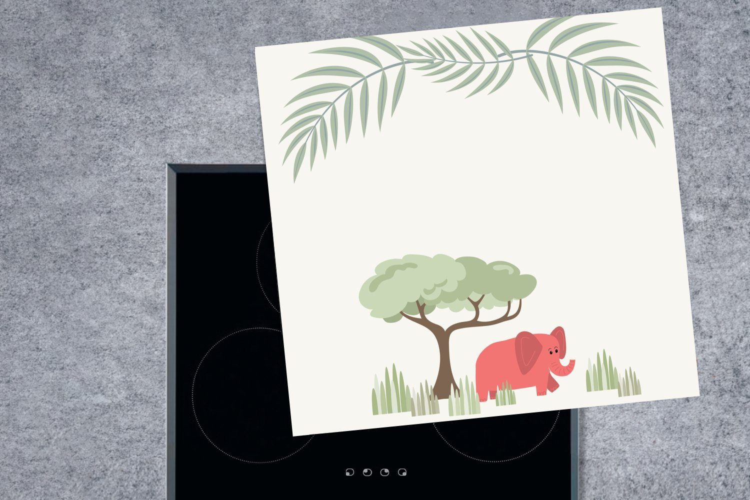 Vinyl, eines MuchoWow Arbeitsplatte Elefanten Illustration für tropischen Herdblende-/Abdeckplatte (1 Ceranfeldabdeckung, cm, 78x78 tlg), Pflanzen, mit küche