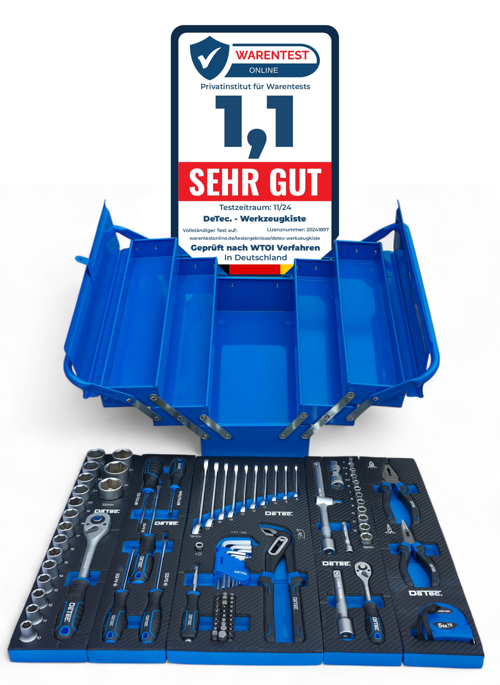 DeTec. Werkzeugkoffer Werkzeugkiste V2 96 tlg. blau mit Carbon-Optik Einleger zum aufklappen