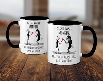 TASSENKING Tasse, Deine Fürze stinken, aber ich liebe Dich (sie pupst) (schwarz)