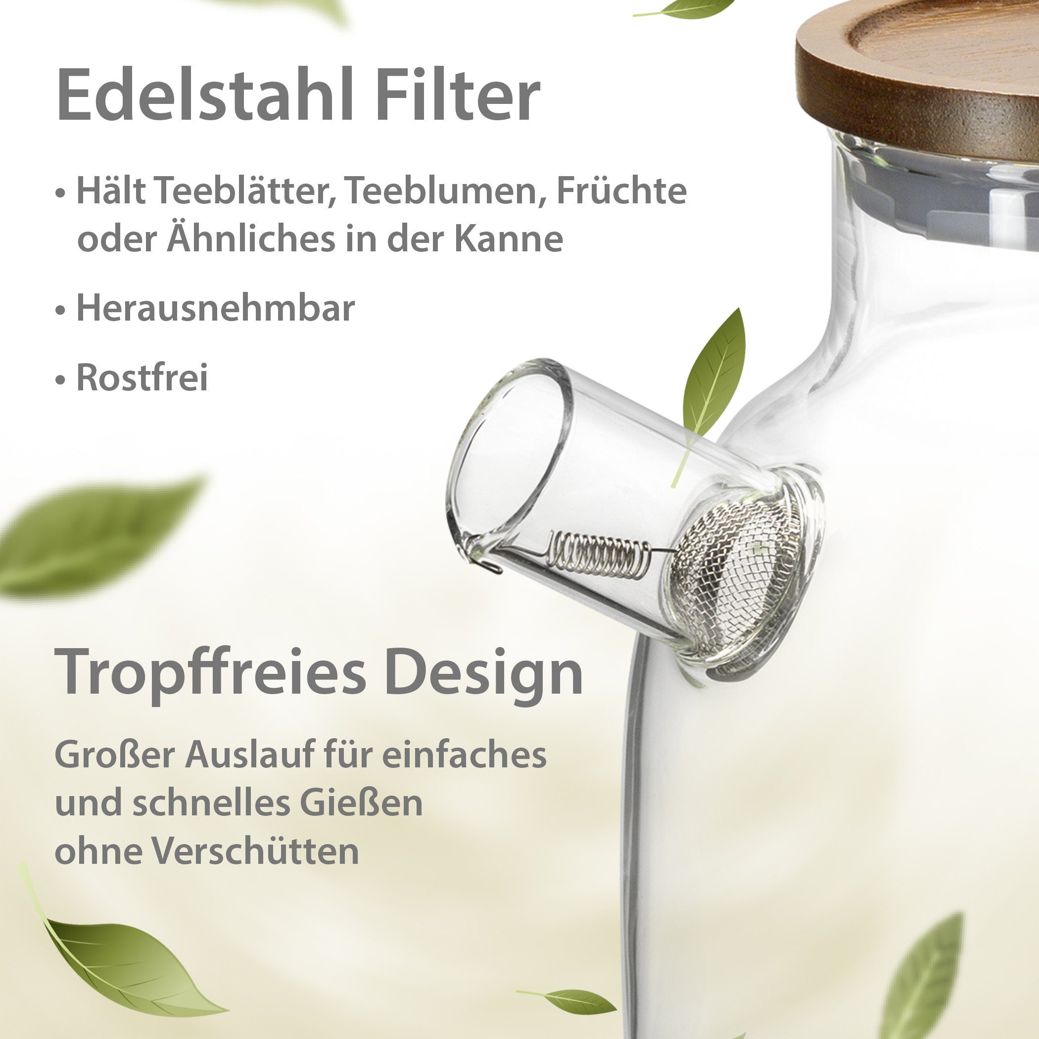 Hitzebeständiger Teekanne Griff Glas Edelstahl-Filter Holzdeckel, Teekanne Impolio &