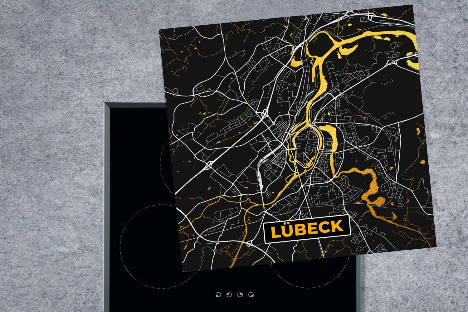 Arbeitsplatte Karte Deutschland, - - MuchoWow tlg), - Herdblende-/Abdeckplatte - küche Lübeck Ceranfeldabdeckung, Stadtplan Vinyl, (1 für Gold 78x78 cm,