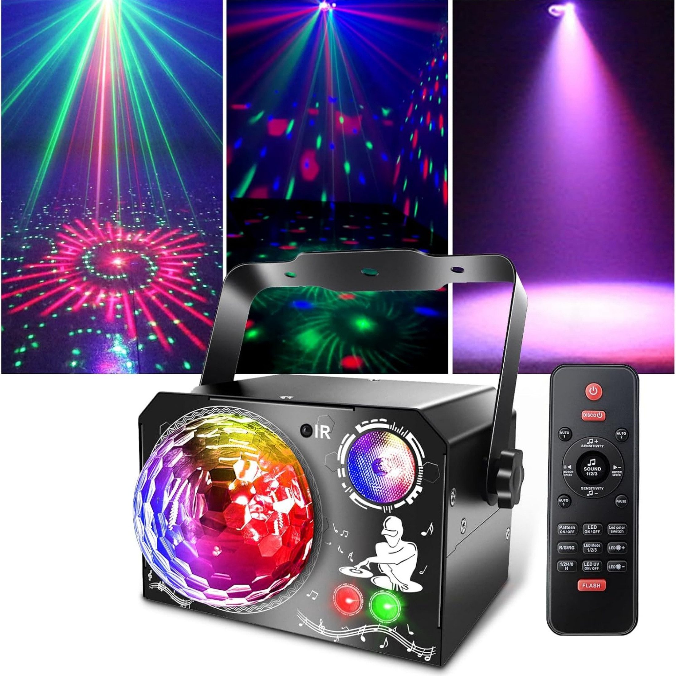 Blossom Discolicht 4 Multi-Effect-Light mit 65 Lichteffekten, RGB, UV, Stroboskop, LED Discolicht Musiksteuerung, Fernbedienung, USB-Kabel