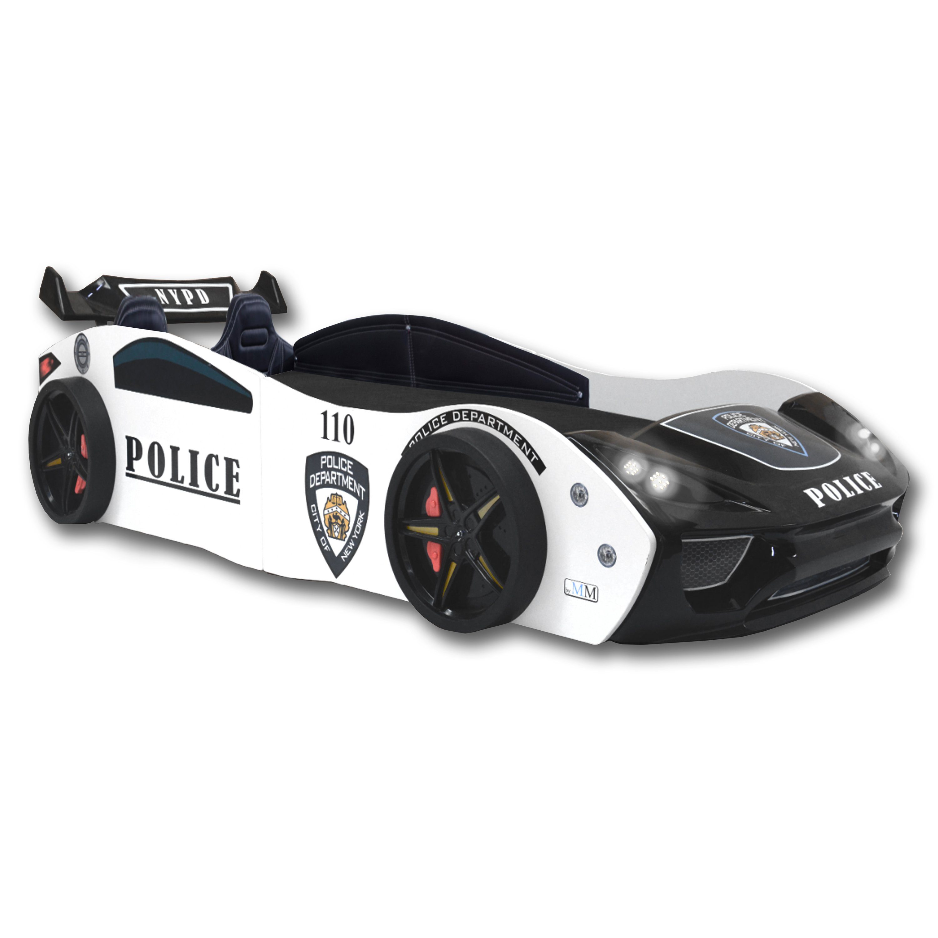 Aileenstore Autobett Police (inkl. Sportsitze, Lattenrost, Heckspoiler und LED Licht), Kinderbett 90 x 200 cm, Spielbett als Polizeiauto Rennwagenbett