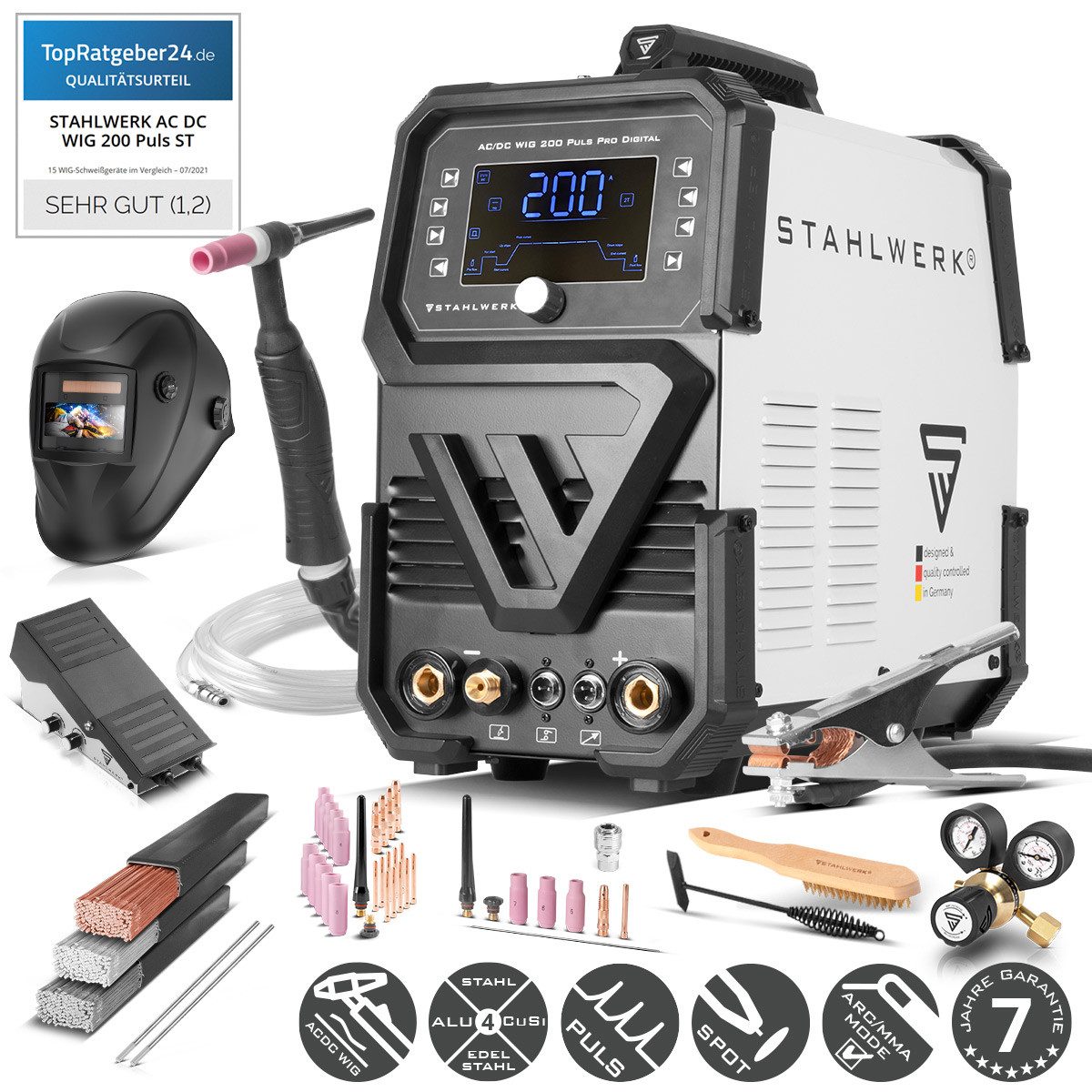 STAHLWERK Schutzgasschweißgerät Schutzgas-Schweißgerät AC/DC WIG 200 Puls Pro, 5 - 200 A, Packung, 1-tlg., Vollausstattung, IGBT Inverter mit 200 A