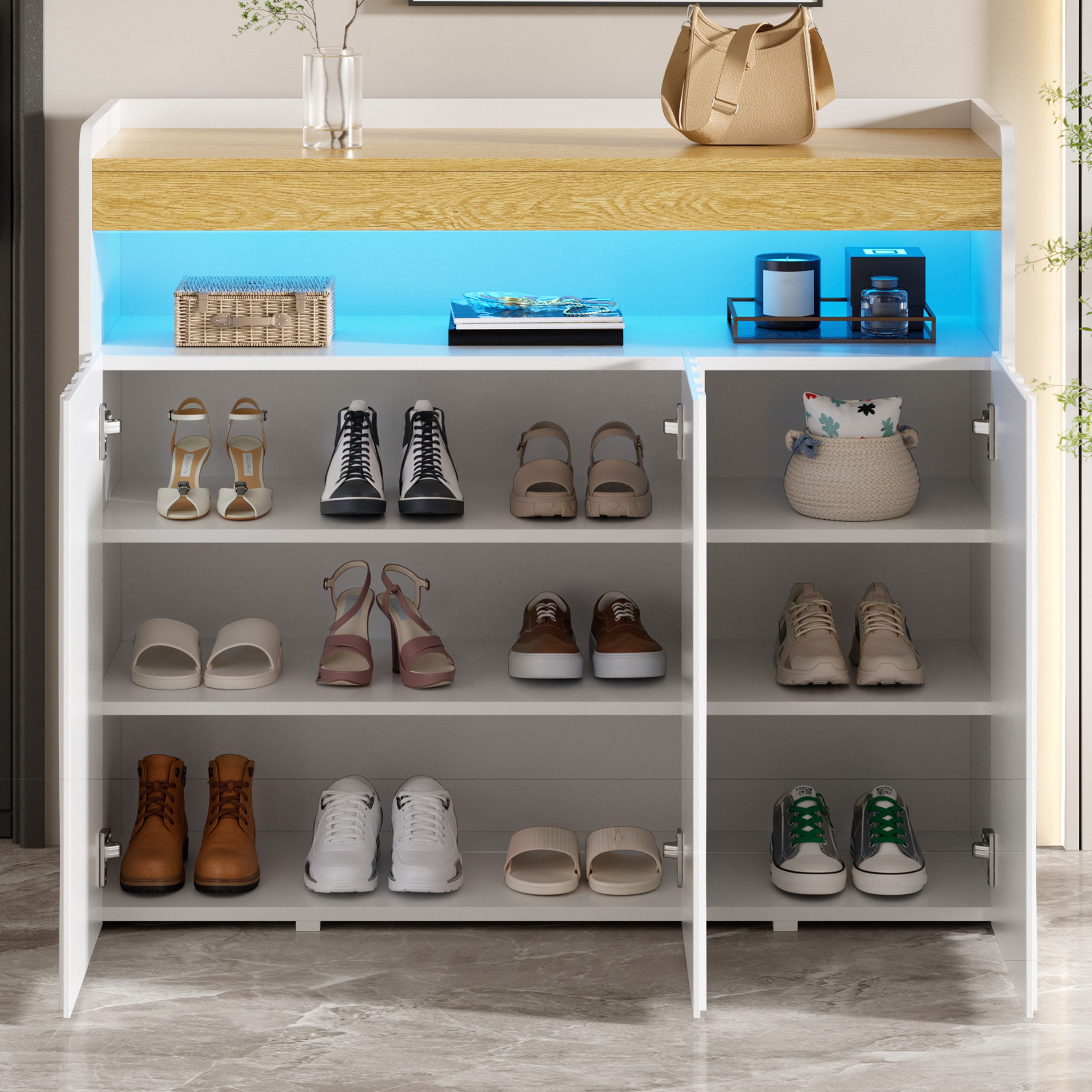 Flieks Sideboard Mehrzweckschrank mit LED-Beleuchtung & 3 Türen in Wellenmuster-Design (B105×H90,5×T35 cm, 1 St., mit offenem Ablagefach und Verstellbaren Einle – Bild 4 von 5