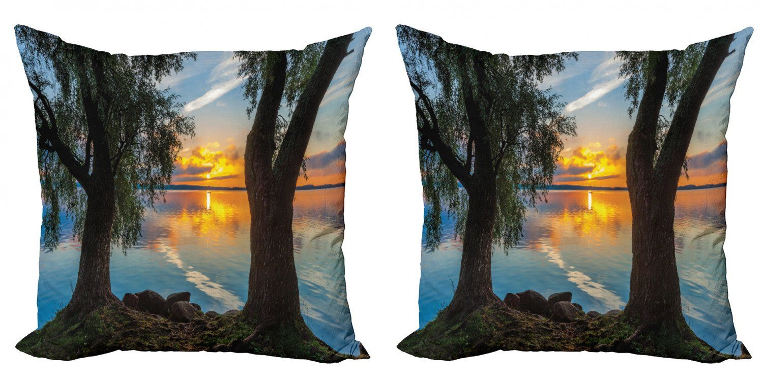 Kissenbezüge Modern Accent Doppelseitiger Digitaldruck, Abakuhaus (2 Stück), Weidenbaum Sonnenaufgang über den See