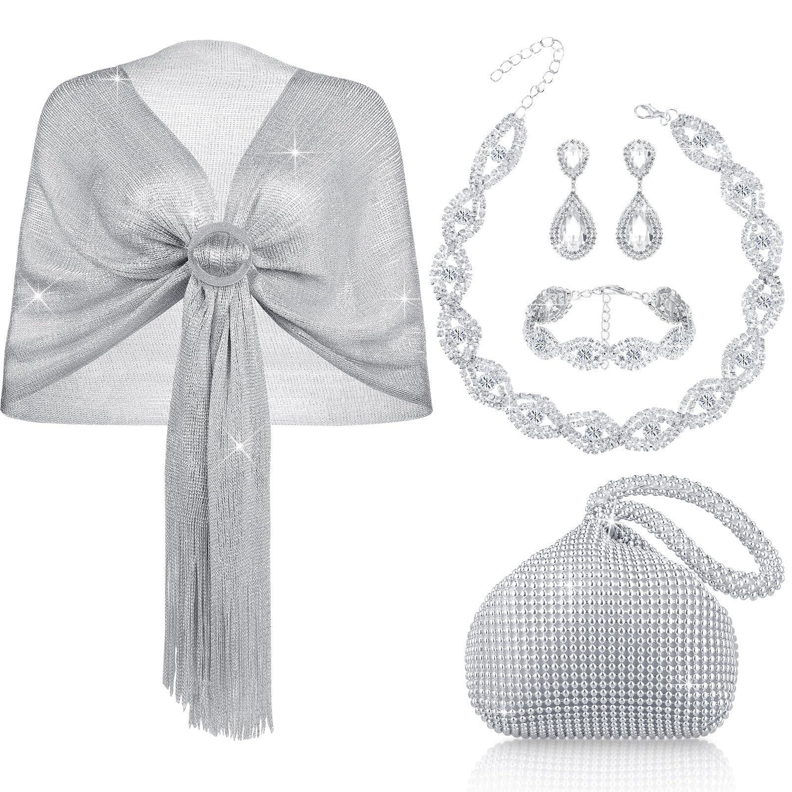 Zaewry Schmuckset Silbernes Ballschmuckset, Damen-Silberschmuck-Set, Abendtasche, Armband, Halskette und Ohrringe-Set