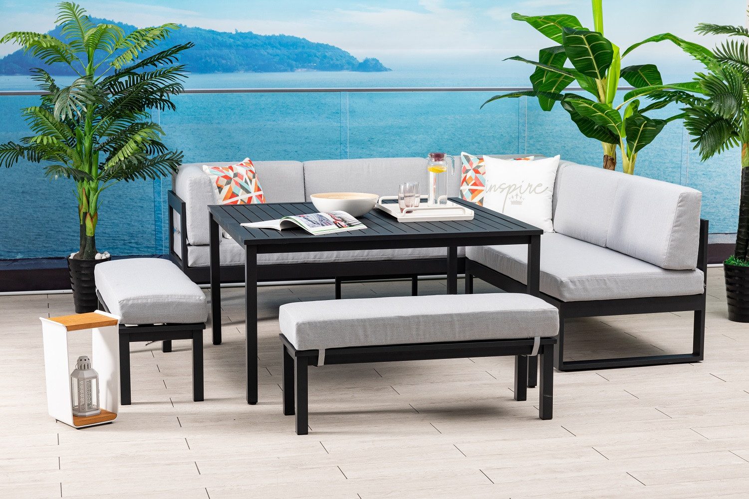 Gardissimo Gartenlounge-Set Vegas Lounge / Gartenmöbelset, (Set, 4-tlg., Alu, Ecklounge, Esstisch, 2 Bänke, inkl. Auflagen), UV-beständig