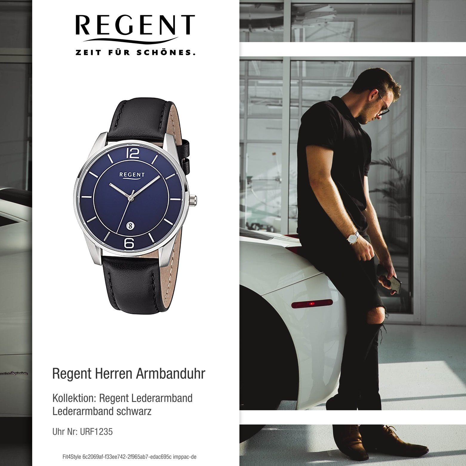 Regent Quarzuhr Regent Lederarmband Uhr F-1235 40mm), Leder Quarz, rund, Herren groß (ca. Armbanduhr Herren