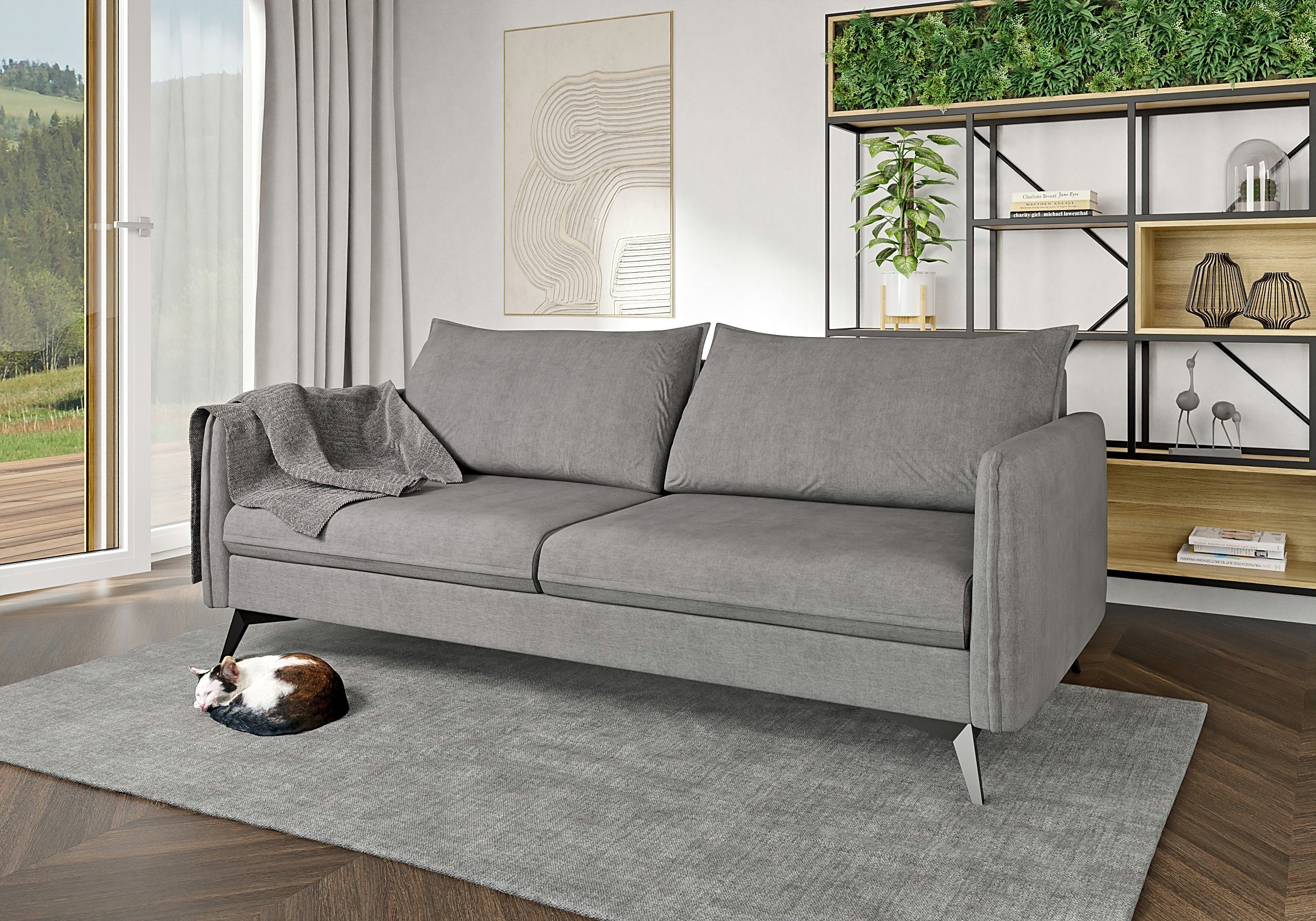 S-Style Möbel 3-Sitzer Modernes Sofa Azalea mit Schwarz Metall Füßen, mit Wellenfederung Grau