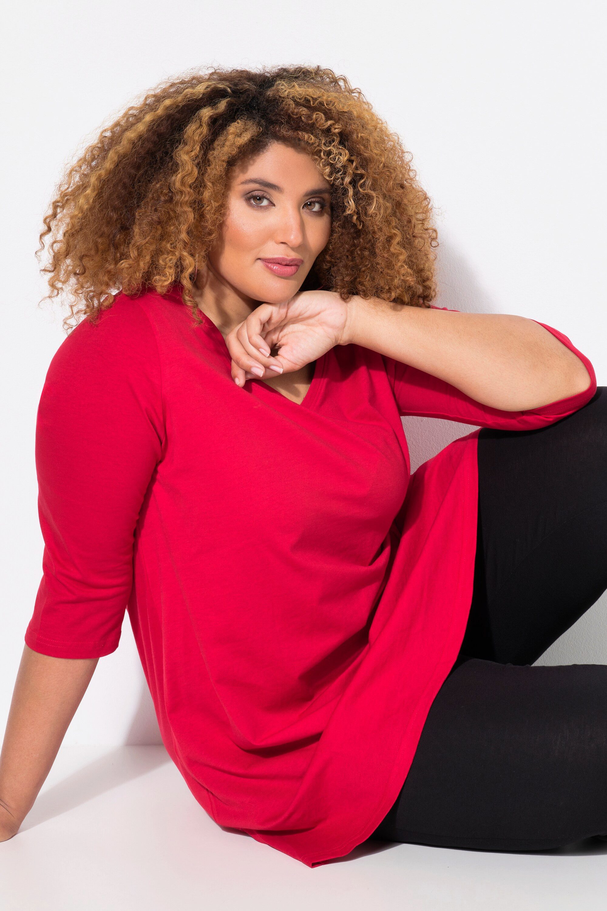 Ulla Popken Longshirt Longshirt A-Linie V-Ausschnitt 3/4-Arm