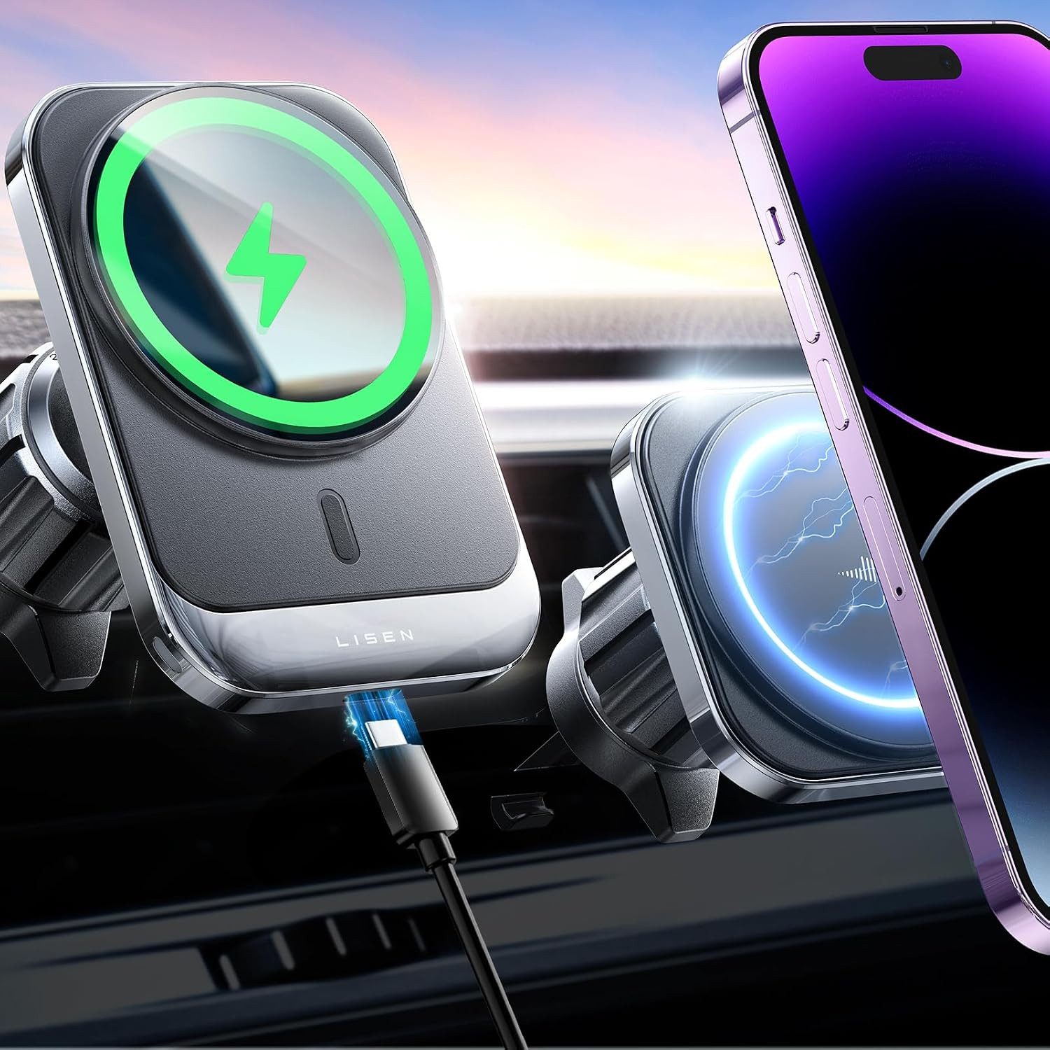 GreenHec 15W Wireless Charger Handyhalterung Auto Klemme KFZ Ladegerät Android Wireless Charger (15W Qi-Laden, Klemm-Arm, 4,7-6,9 Zoll, 360° drehbar, stoßdämpfend)
