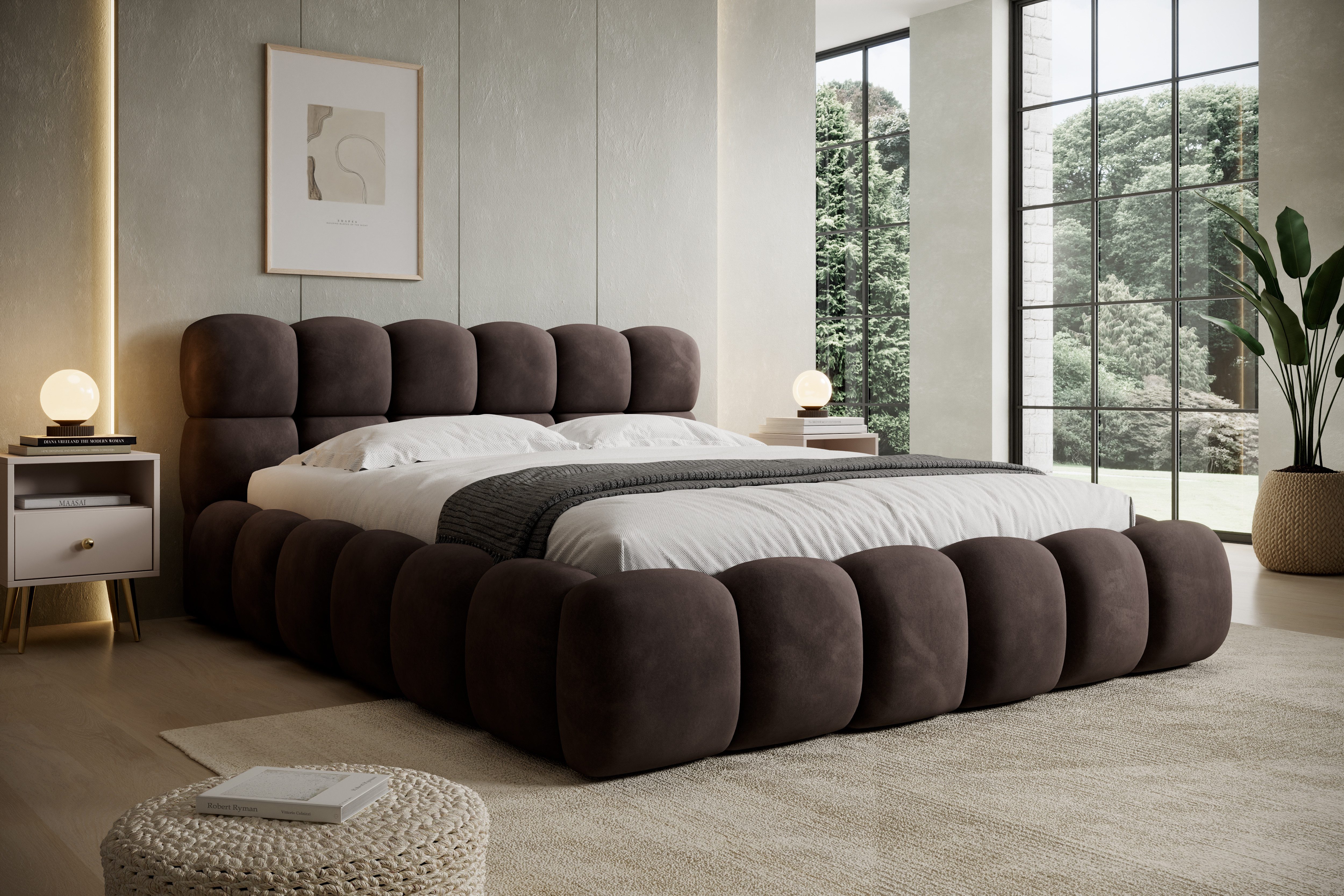 thematys Polsterbett mit Bettkasten 140x200–200x200 cm – Velours oder Bouclé Bezug – (Polsterbett in den Varianten Bouclé (Fredo), Velours (Velutto) - Wolkenbett mit XXL Kopfteil), Wolkenbett mit XXL Kopfteil)