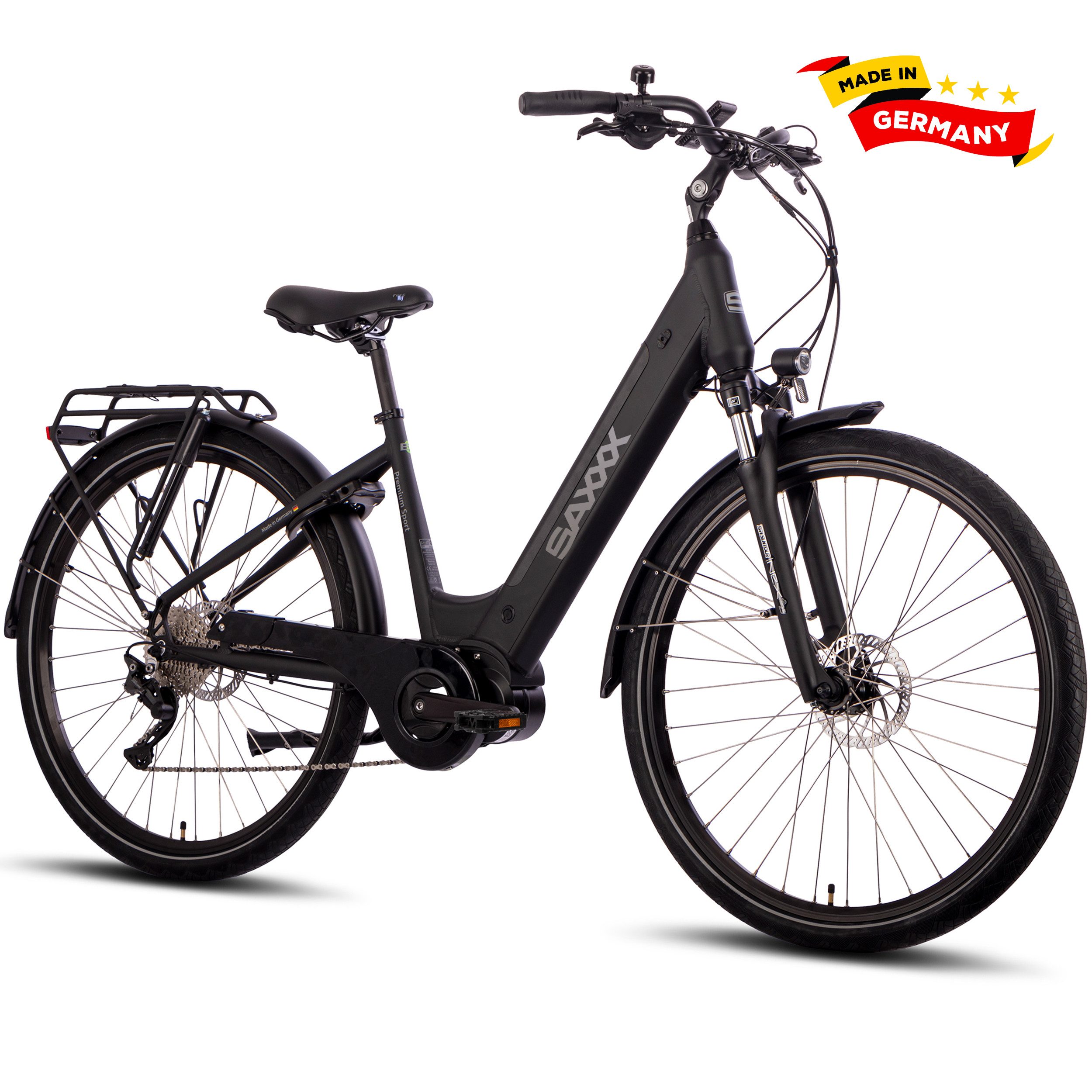 SAXXX E-Bike Trekkingrad 28'' für Damen und Herren, 522Wh, 110km, Pedelec mit Federgabel, 10 Gang SHIMANO Deore Schaltwerk, Kettenschaltung, Mittelmotor, 522 Wh, (mit Akku-Schlüssel, mit Rahmenschloss, mit Gepäckträger), Elektrofahrrad mit Pannenschutzreifen, Reflexst., hydr. Scheibenbremse